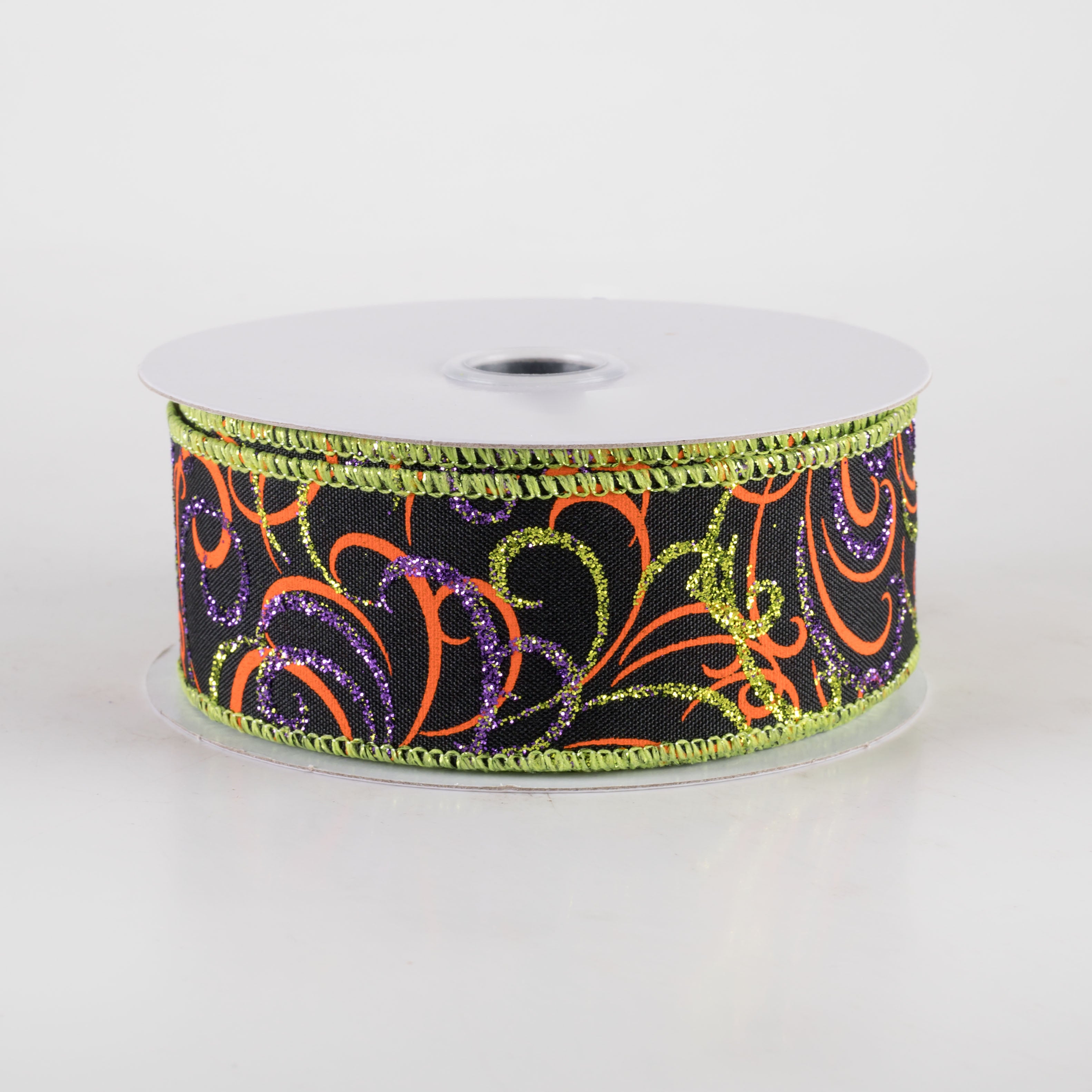 1.5 Inch Glittered Multi Swirls Ribbon - 10 Yards Bulk Spool in Black, Orange, Purple & Lime | Perfect for Gift Wrapping, DIY Crafts, Party Decorations & Scrapbooking