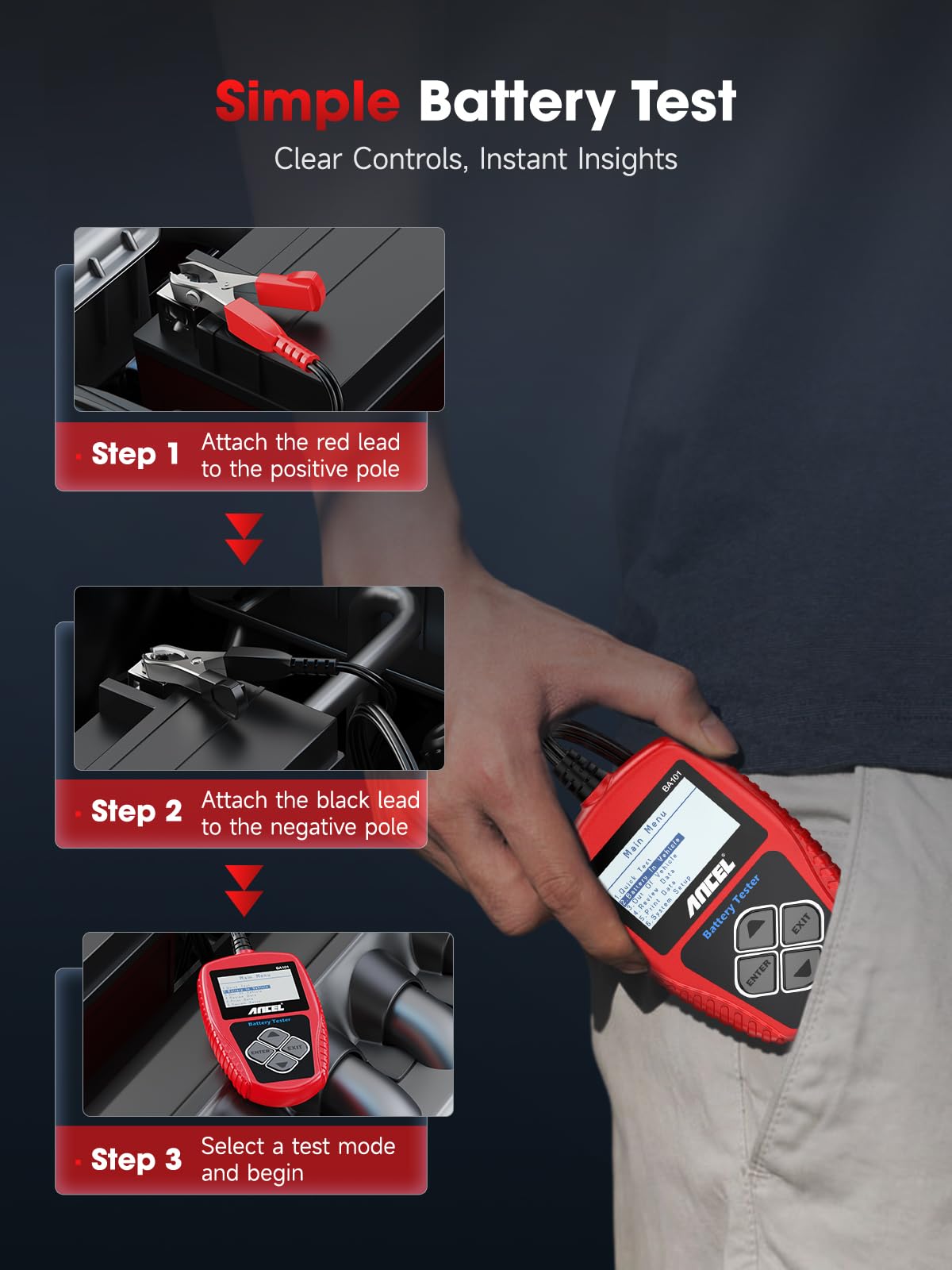 ANCEL BA101 12V Digital Car Battery Tester - 100-2000 CCA Load Capacity Automotive Alternator Diagnostic Tool - Cranking & Charging Analyzer for Trucks, Boats, RVs, Marine Vehicles - Perfect for Road Trips, Camping & Emergency Vehicle Maintenance