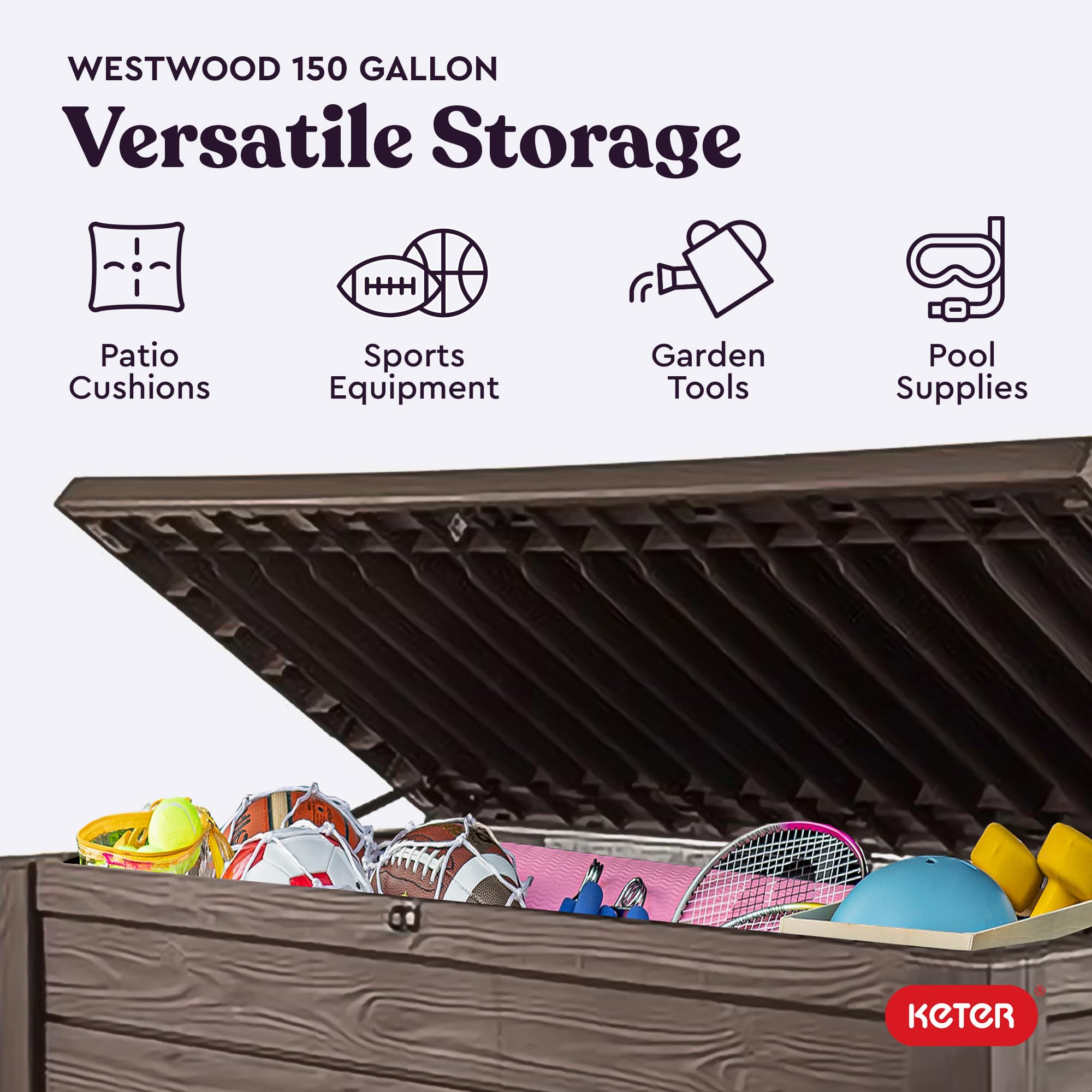 Keter 150 Gallon Outdoor Storage Deck Box with Seat - Wood Grain Brown Resin Patio Bin - Perfect for Backyard, Garden & Poolside Storage
