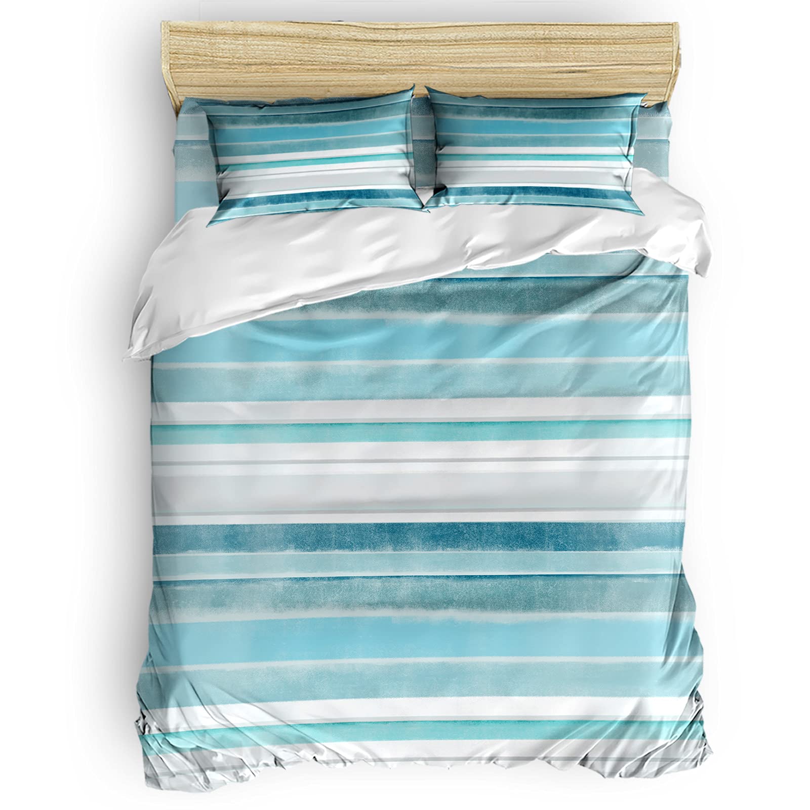 Lightweight Microfiber Duvet Cover Set with Zipper Closure - Soft & Breathable Comforter Cover for Kids, Teens & Adults - 4-Piece Full Size Bedding Set in Watercolor Teal Blue Striped Design - Perfect for Bedrooms, Guest Rooms & Dorm Rooms