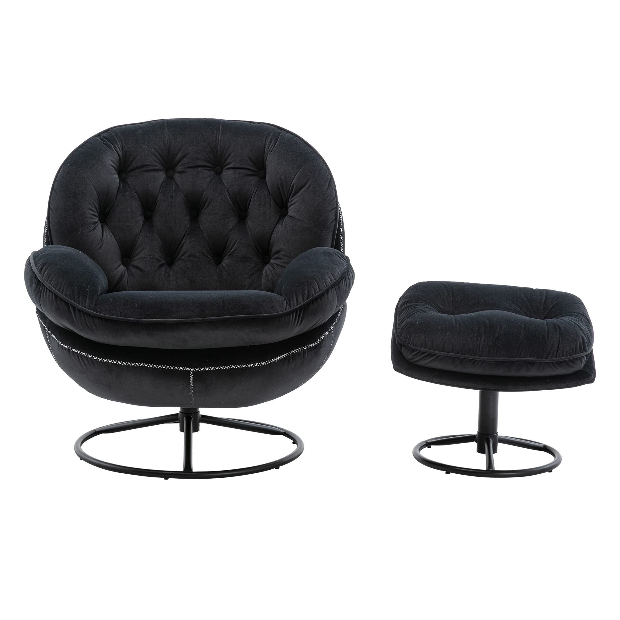 Velvet Swivel Accent Chair with Ottoman - 360 Degree Rotating Modern Armchair with Footrest for Living Room, Bedroom, Home Office & Reading Nook - Sturdy Metal Base Frame (Black) | Perfect for Relaxing, Entertaining & Small Space Decor