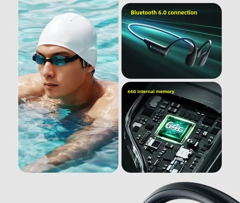**Wireless Bone Conduction Swim Headphones – Bluetooth 6.0, IPX8 Waterproof (30M), Open Ear Design, Built-in 64GB Memory & Mic with Breathing Light – Perfect for Swimming, Running, and Outdoor Sports**