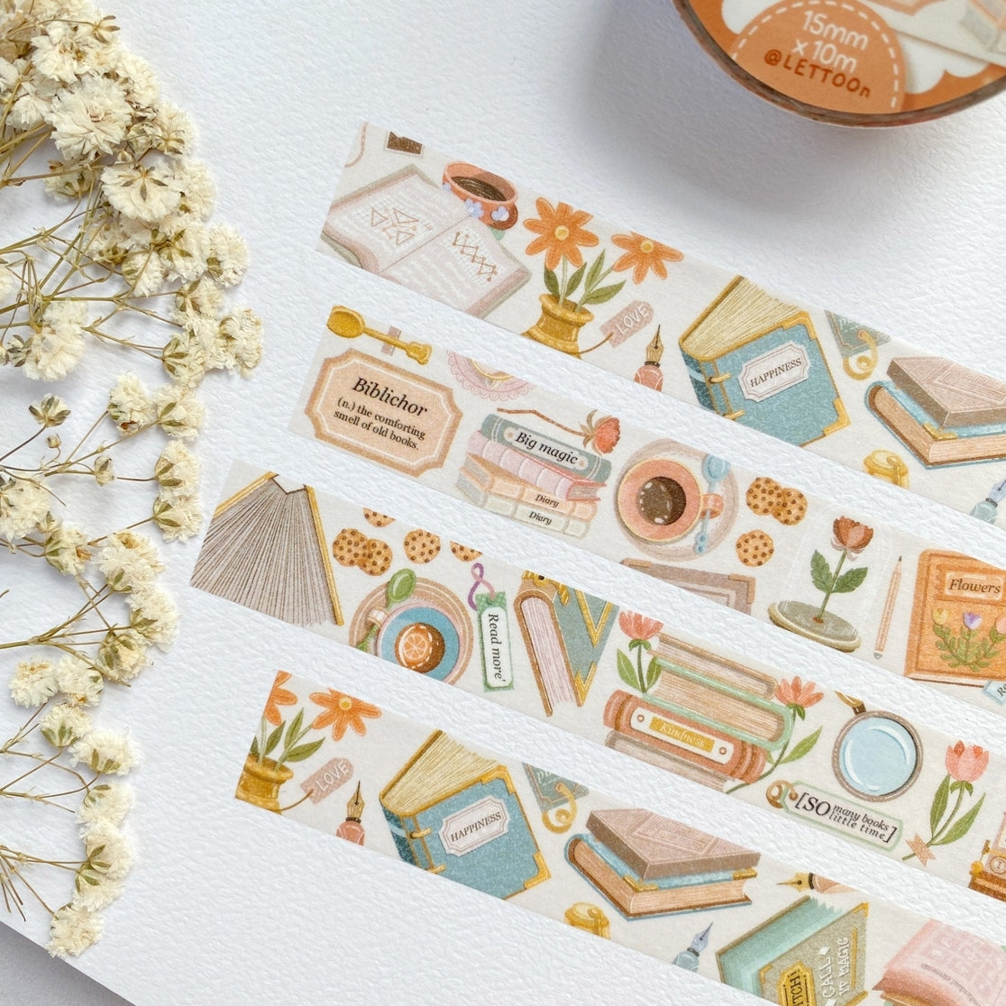 Book Washi Lettoon - Decorative Japanese Washi Tape for Scrapbooking, Journaling, and DIY Crafts | Perfect for Bullet Journals, Gift Wrapping, and Home Decor