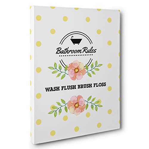 Bathroom Rules Canvas Wall Art - Wash Flush Brush Floss Motivational Quote Sign for Home Decor | Perfect for Bathroom, Restroom & Powder Room Decorations