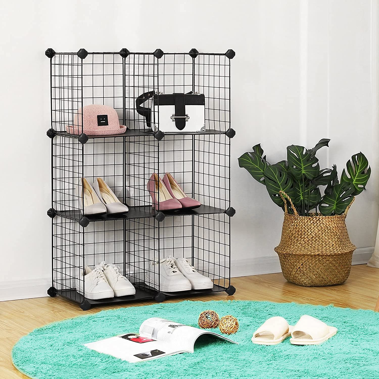 Safeplus DIY Wire Cube Storage Shelves - 6-Cube Stackable Bookcase, Closet Organizer & Grid Shelf for Home, Office, Dorm | Black | Perfect for Books, Toys, Clothes & Home Organization