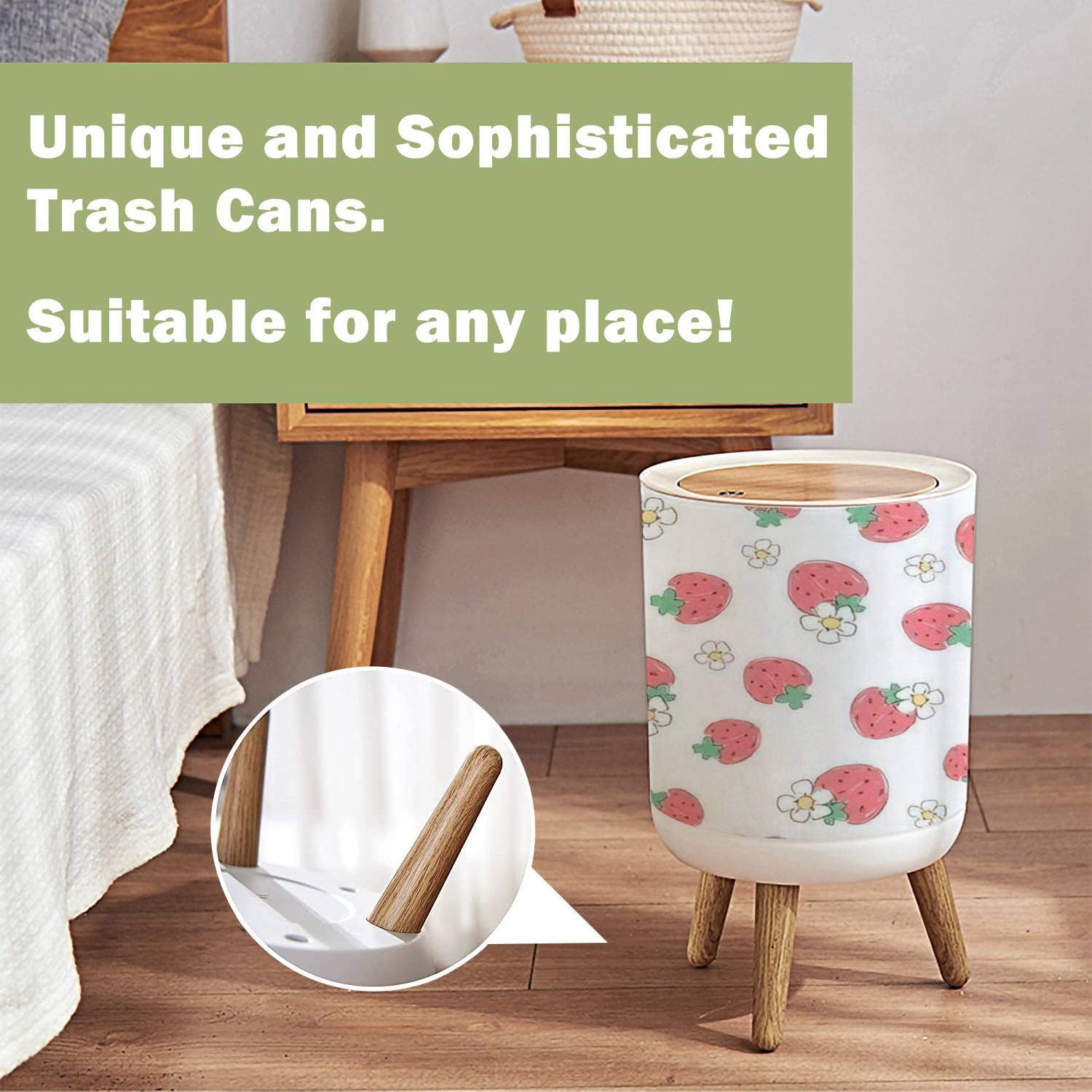 Strawberry Print Small Trash Can with Lid - 7L/1.8 Gallon Seamless Fruit Design Waste Bin with Wood Legs & Press Cover - Perfect for Kitchen, Bathroom, Office & Dorm Room Decor