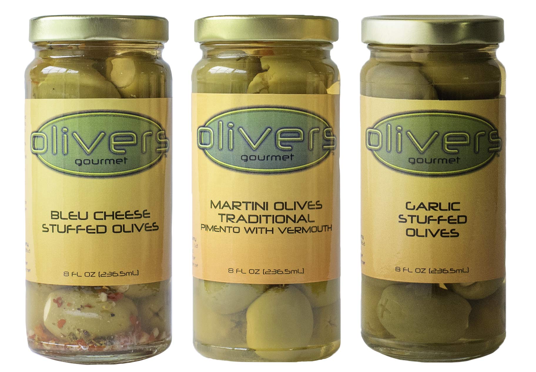 Premium Gourmet Olives Gift Set - Blue Cheese Stuffed, Garlic Stuffed & Classic Martini Olives in 3 Glass Jars (8 oz Each) | Perfect for Charcuterie Boards, Cocktail Parties & Gourmet Food Gifts