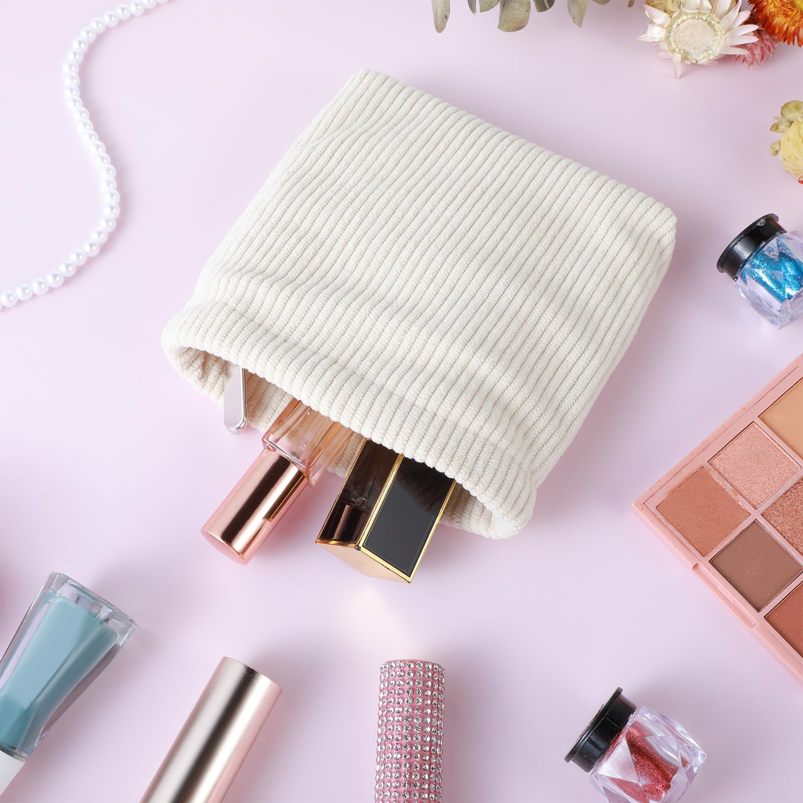 Corduroy Mini Makeup Bag for Women - Small Cosmetic Pouch, Travel Toiletry Organizer & Coin Purse - Portable Cream White Handbag for Daily Use, School, Office & Travel Accessories Storage