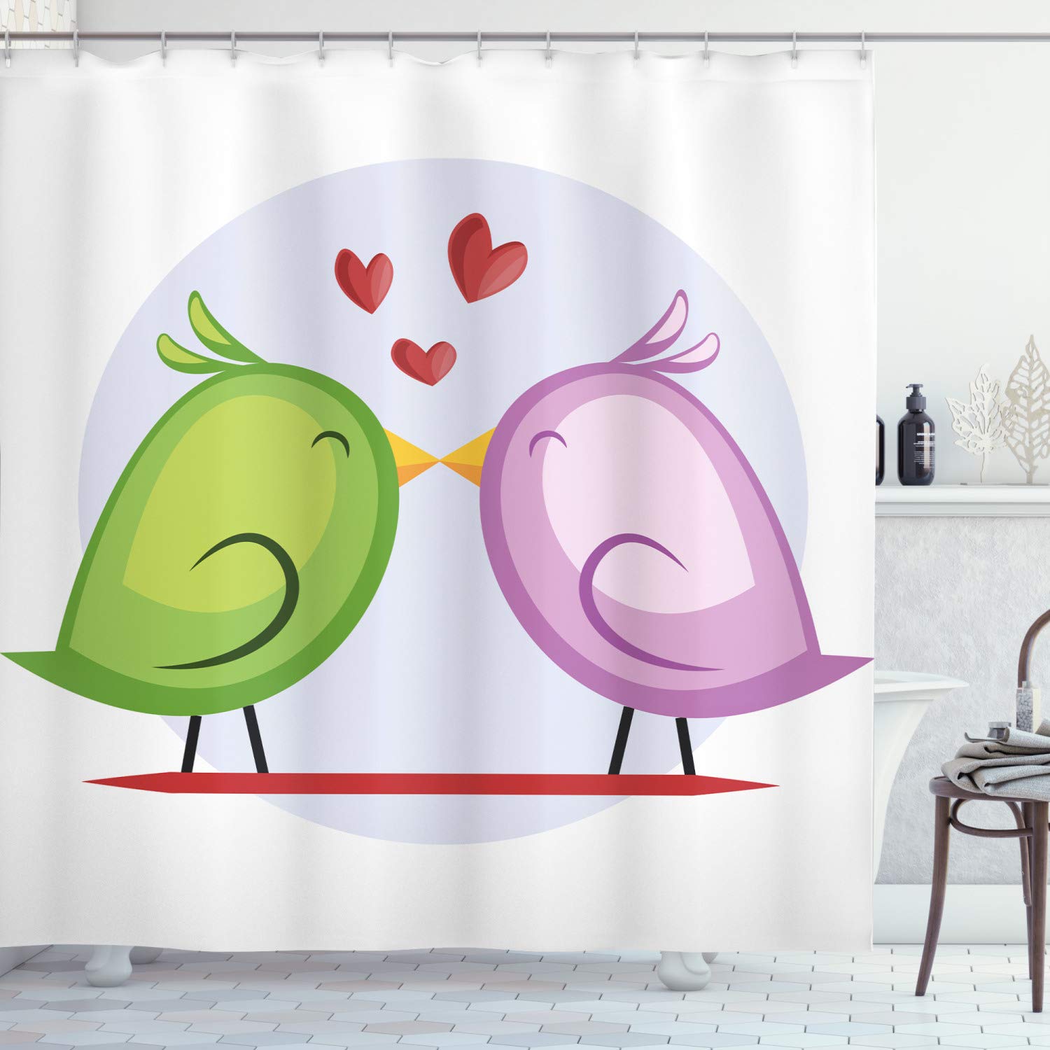 Ambesonne Kissing Birds Shower Curtain - Green & Mauve Floral Circle Pattern Bathroom Decor Set with Hooks, 69