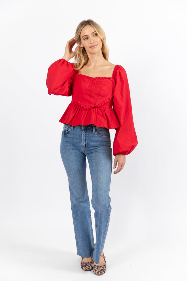 I Heart You Red Heart Shape Woven Blouse - Women's Romantic Valentine's Day Top for Date Night & Special Occasions