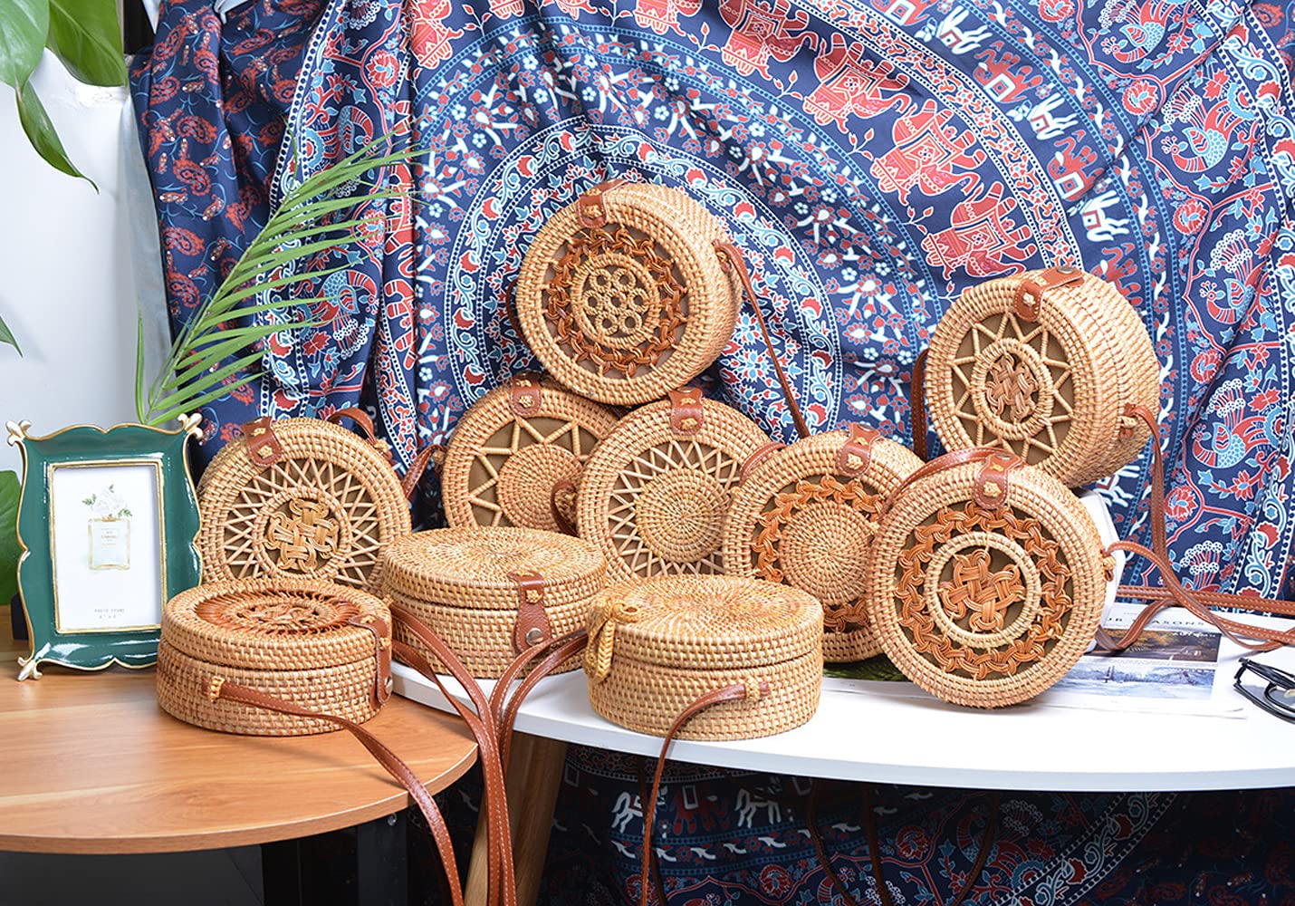 Handwoven Round Rattan Shoulder Bag - Natural Woven Beach Bag with Leather Strap for Women - Perfect for Tropical Vacations, Summer Outings & Boho Fashion Accessories
