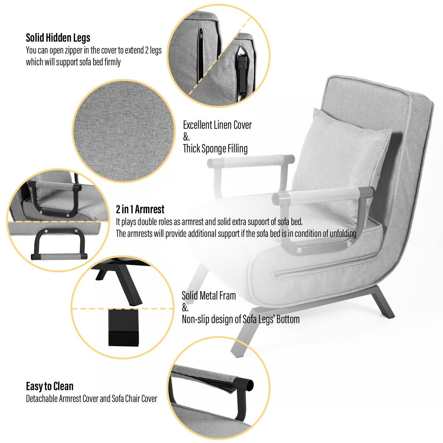 5-Position Convertible Sofa Bed with Removable Cover - Foldable Armchair Sleeper, Full Padded Lounger for Living Room, Guest Room & Home Office - Includes Comfort Pillow (Grey) - Perfect for Small Spaces, Overnight Guests & Multi-Functional Furniture Needs