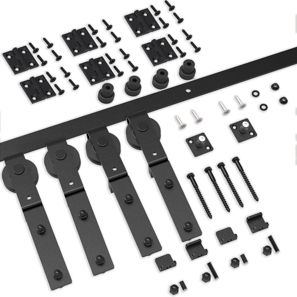 4FT Heavy Duty Bi-Folding Sliding Barn Door Hardware Kit - Smooth & Quiet Operation, Easy Installation for Double Doors (No Door Included) - Perfect for Bedroom Closets, Pantries and Home Office Spaces