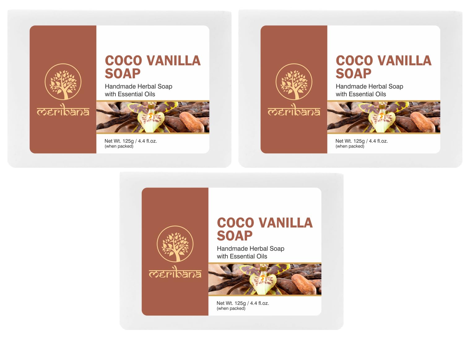MeriBana Handmade Coco Vanilla Soap Bars - 4 Pack (125g Each) | Natural Moisturizing Body Soap for Dry Skin | Perfect for Spa Day, Gift Sets & Self-Care Routine