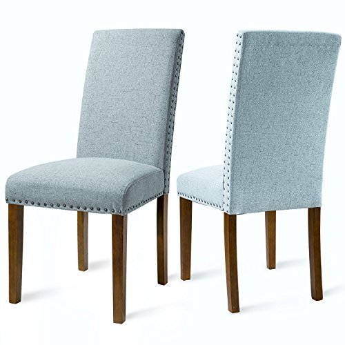 Set of 2 Fabric Dining Chairs with Copper Nails & Solid Wood Legs - Modern Kitchen Chairs for Dining Room, Breakfast Nook & Home Decor
