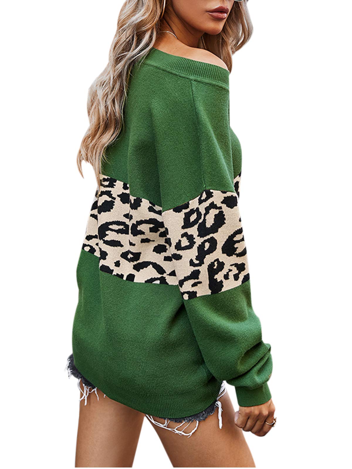 GLIENST Women's V-Neck Leopard Print Sweater - Cozy Knit Pullover for Casual Wear