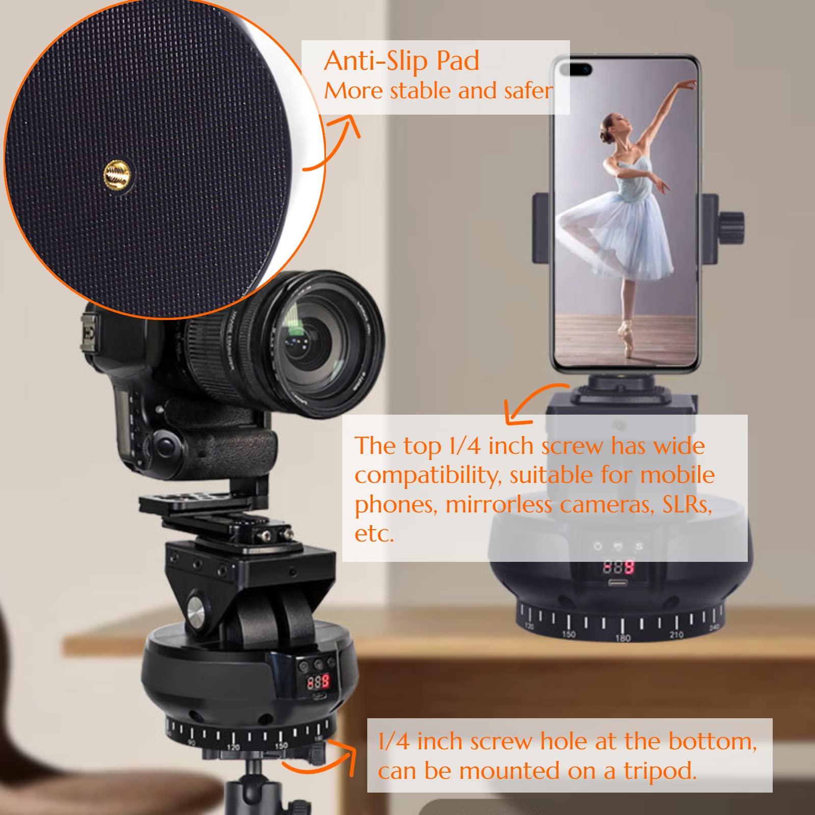 Yctze Motorized Panoramic Tripod Head - 360° Rotating 2.4G Wireless Remote Pan Tilt Head with Remote Control & Phone Clip for DSLR, Mirrorless Cameras & Smartphones - Perfect for Time-Lapse Photography, Vlogging & Live Streaming