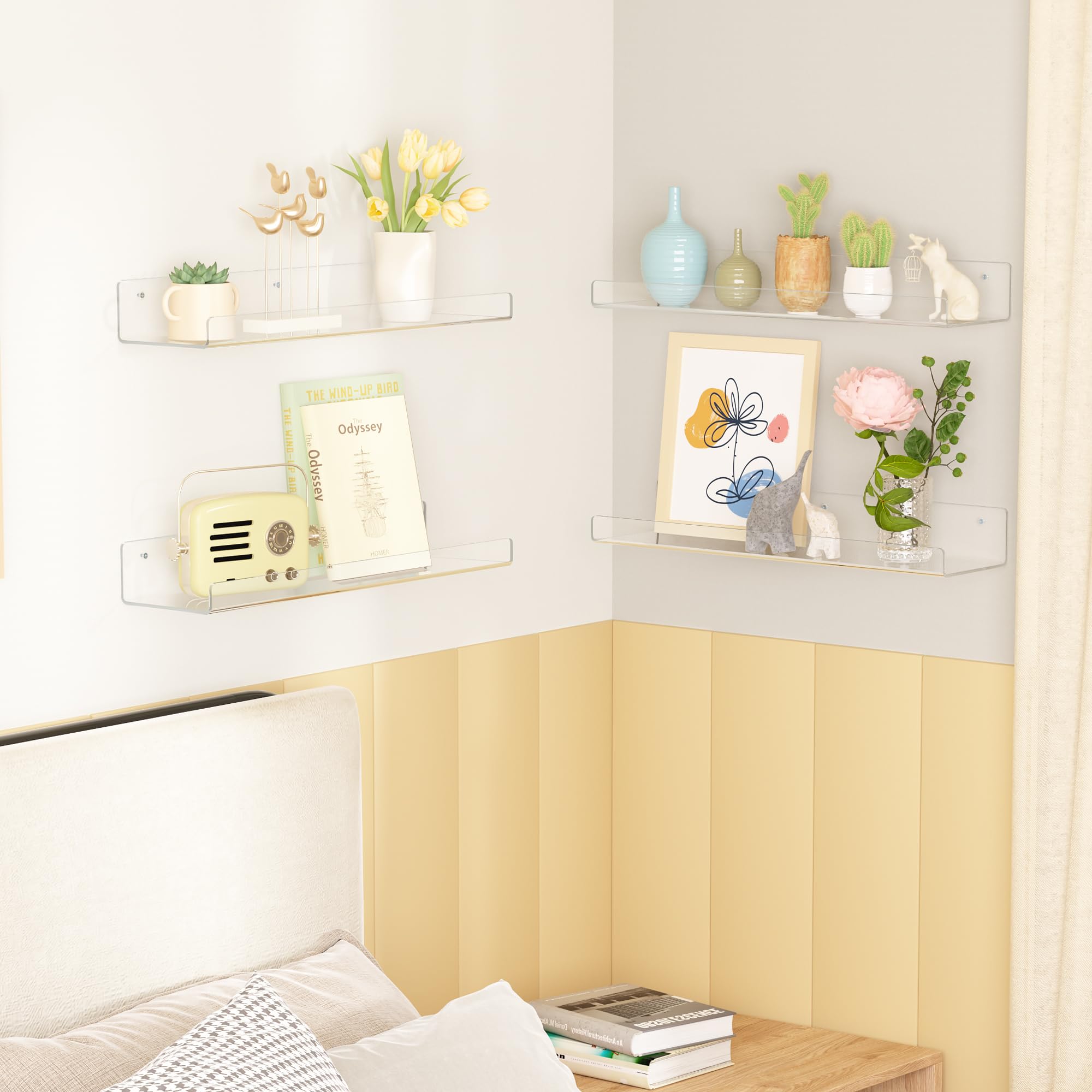 Upsimples 4 Pack Clear Acrylic Floating Shelves - 15 Inch Wall Mounted Storage & Display Organizer for Kids Room, Bathroom, Bedroom, Living Room & Kitchen Decor - Perfect for Books, Plants, Cosmetics & Decorative Items