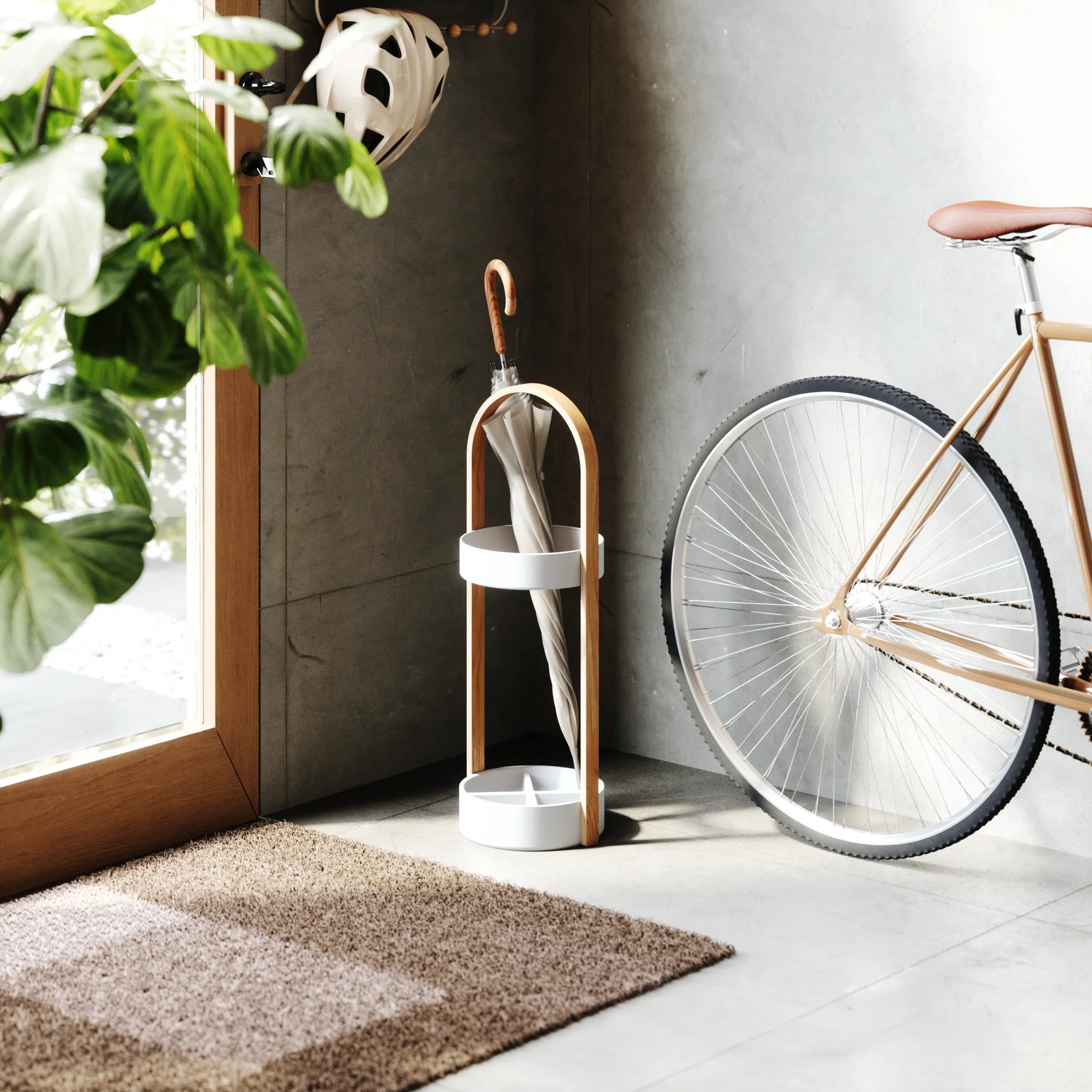 Bellwood Umbrella Stand - White & Natural Wood - Stylish Entryway Organizer for Home & Office Decor