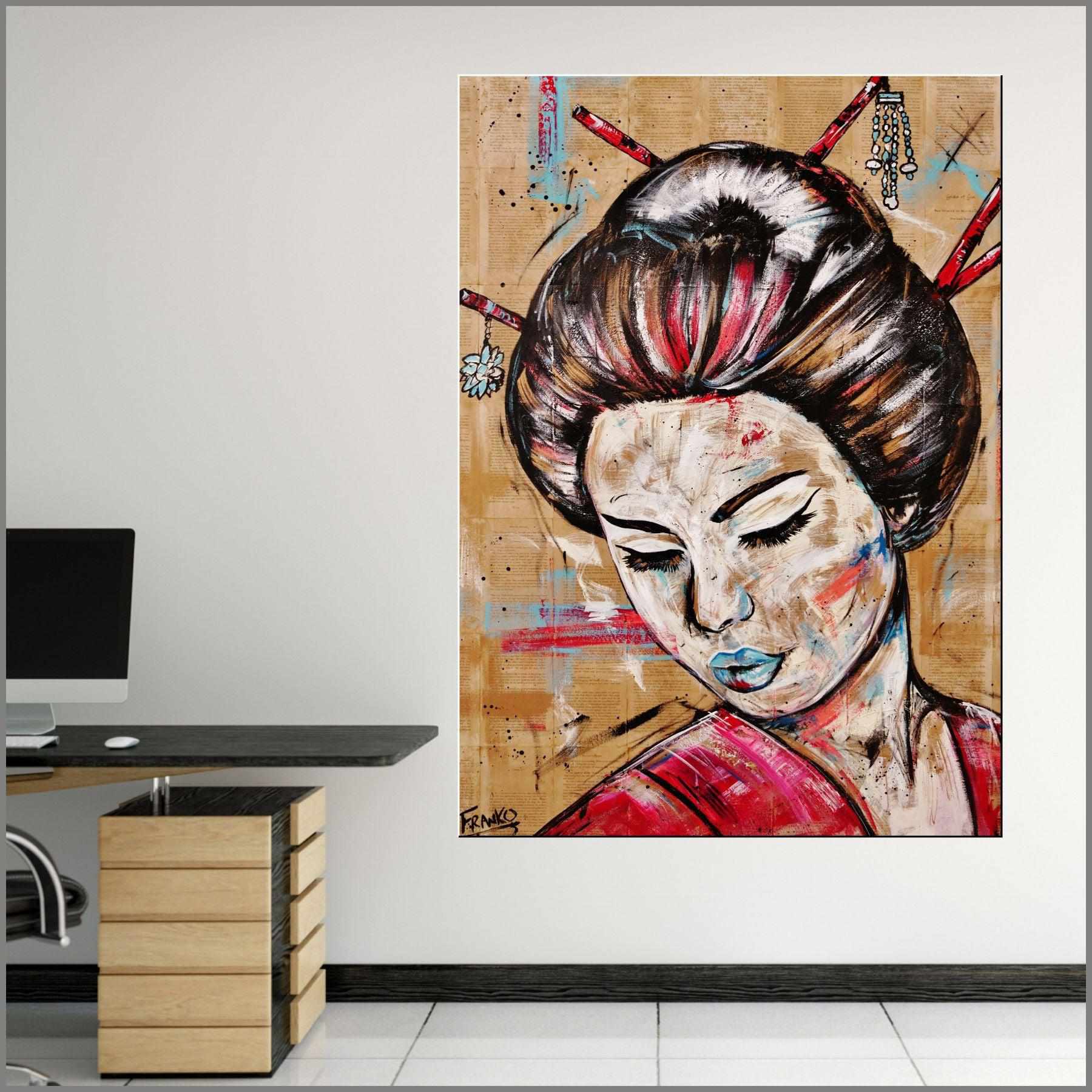 Rubine Geisha 140cm x 100cm Pink Vintage Book Pop Art Canvas Painting - Japanese Wall Decor for Living Room, Bedroom & Office