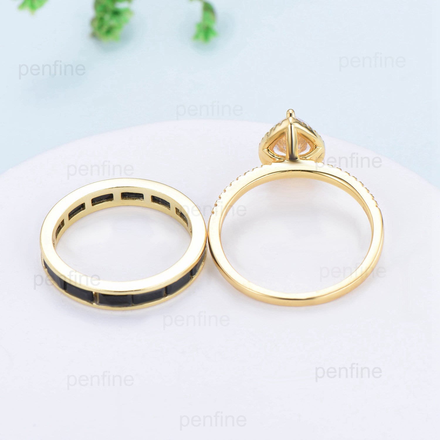 6x8mm Pear Shaped Moissanite Engagement Ring Set with Halo & Baguette Black Spinel Stacking Band - 14k Yellow Gold Bridal Jewelry Set for Wedding, Proposal, Anniversary and Special Occasions
