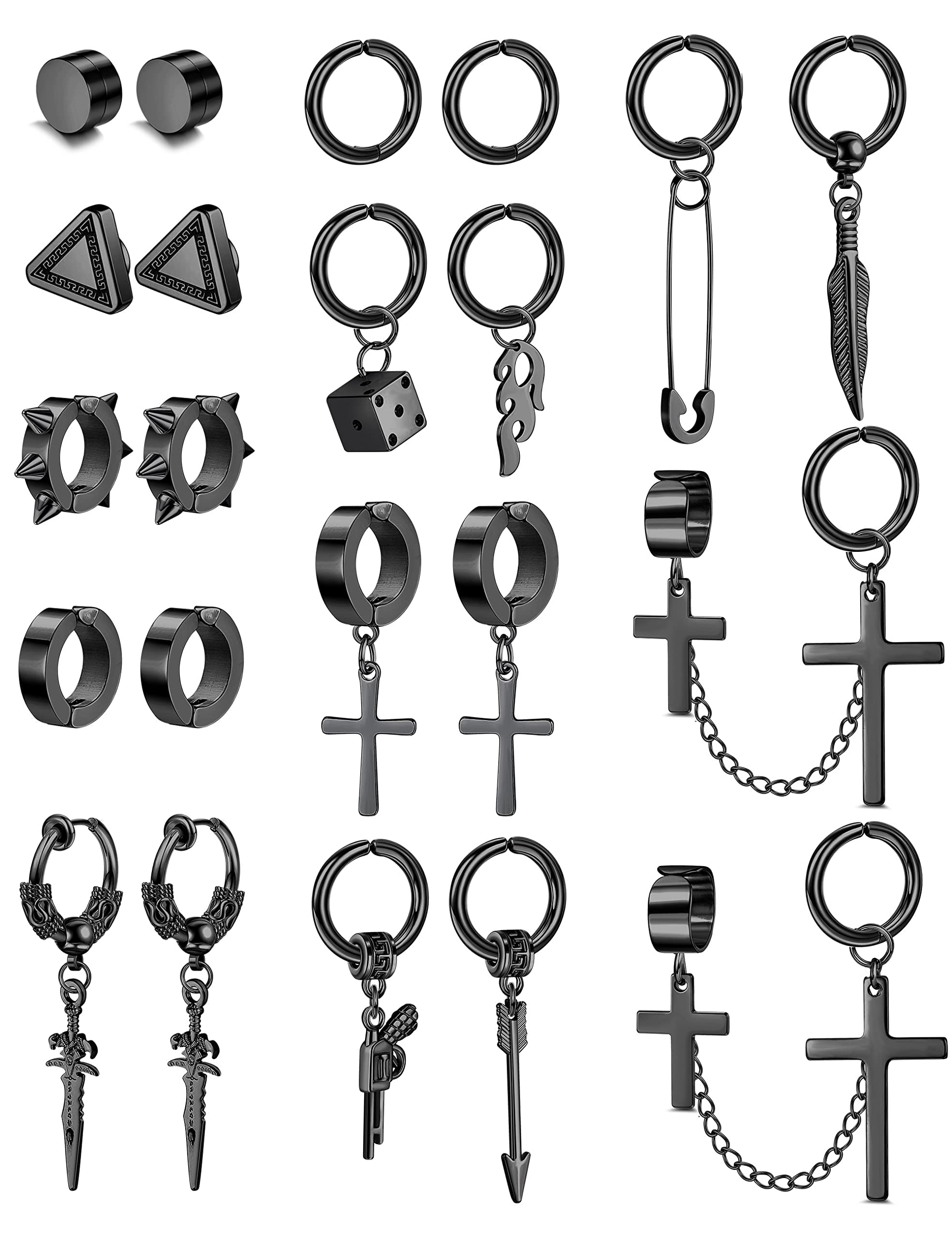 22Pcs Stainless Steel Clip On Earrings for Men & Women - Cross Chain Pendant Non-Piercing Huggie Hoop Set | Black Fake Earrings for Everyday Wear, Parties & Gifts
