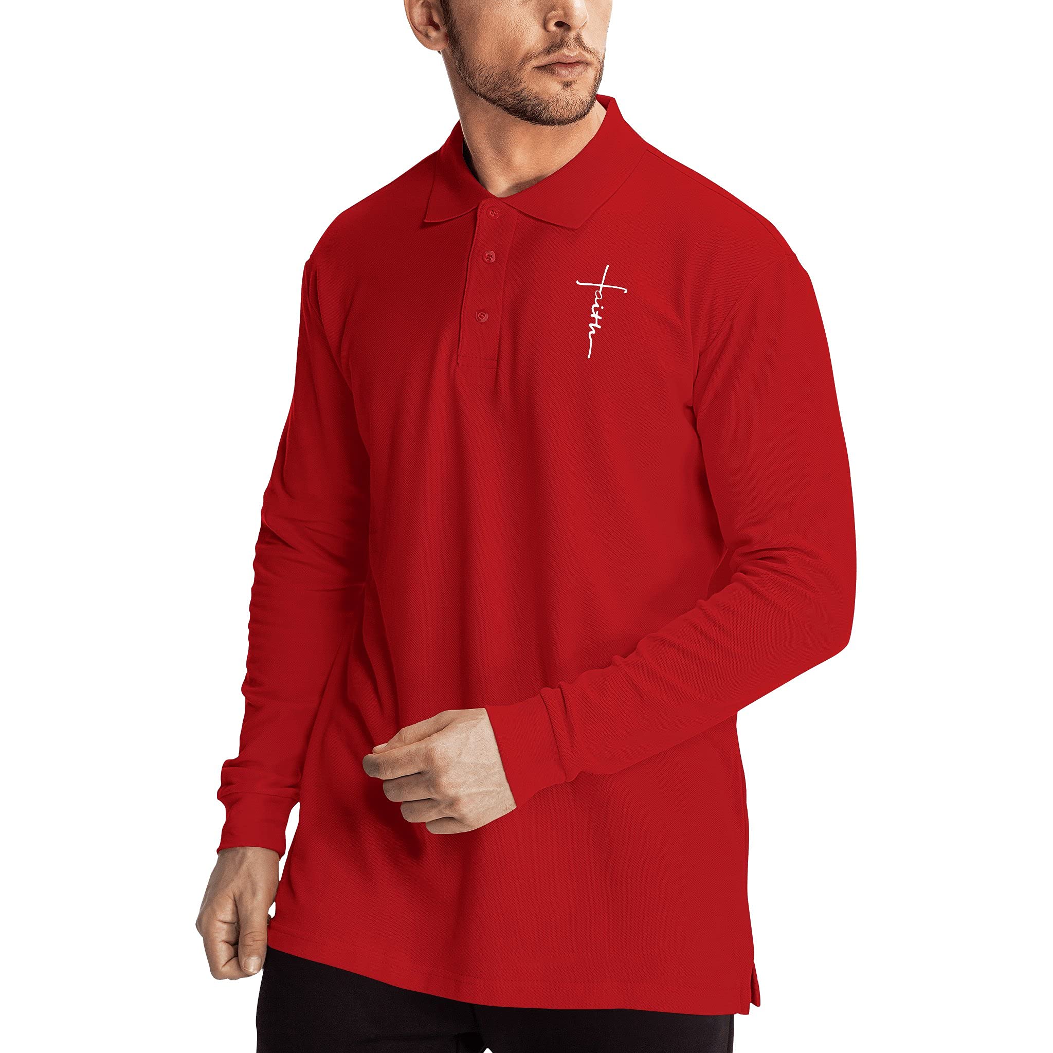 Cross Faith Jesus Cotton Polo T-Shirts for Men - Religious Christian Long Sleeve Summer Shirts - Perfect for Church Services, Bible Study & Christian Events