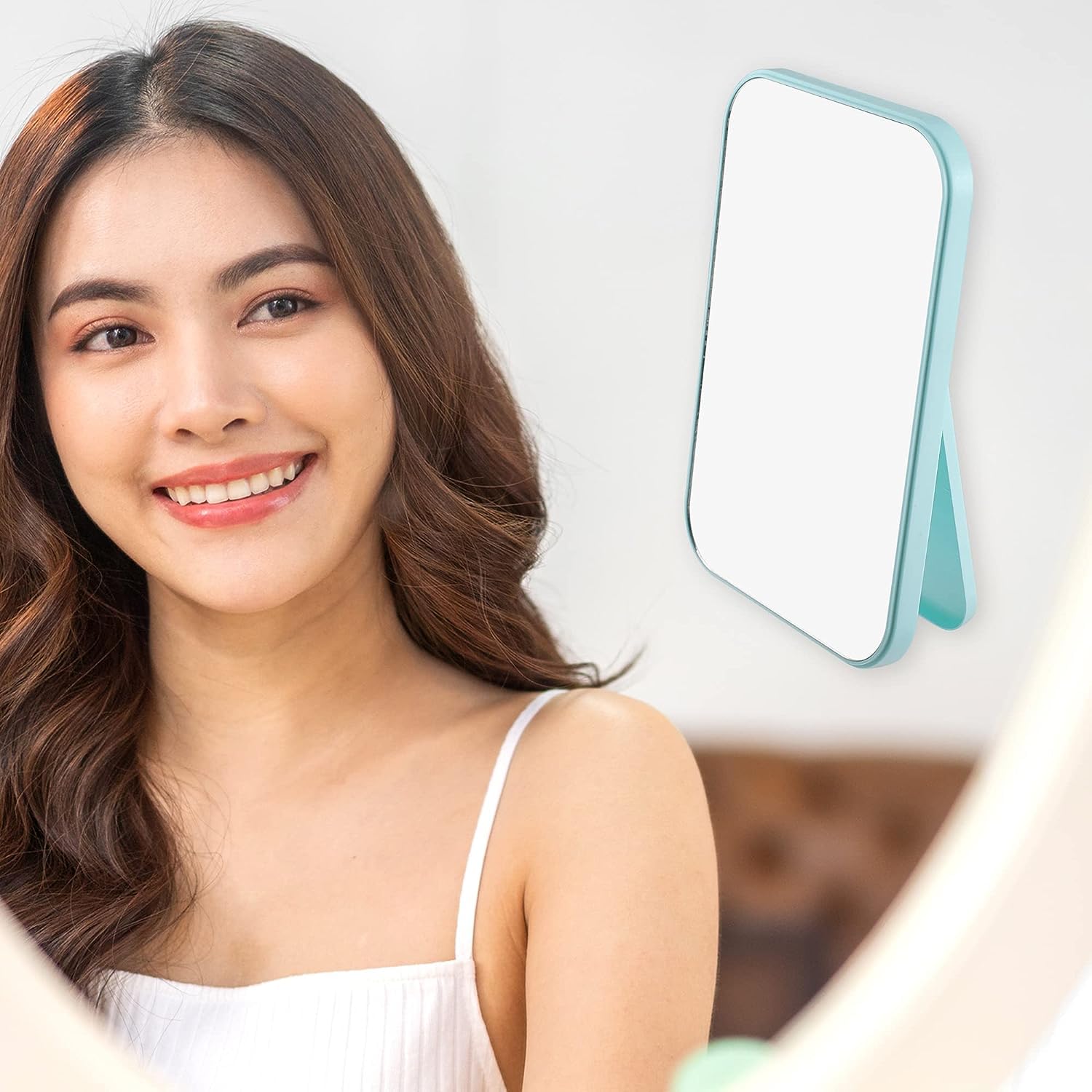 Foldable HD Makeup Mirror for Women - Portable Travel & Dressing Table (Blue, 5.7x4 Inch) - Perfect for Bedroom & Vanity