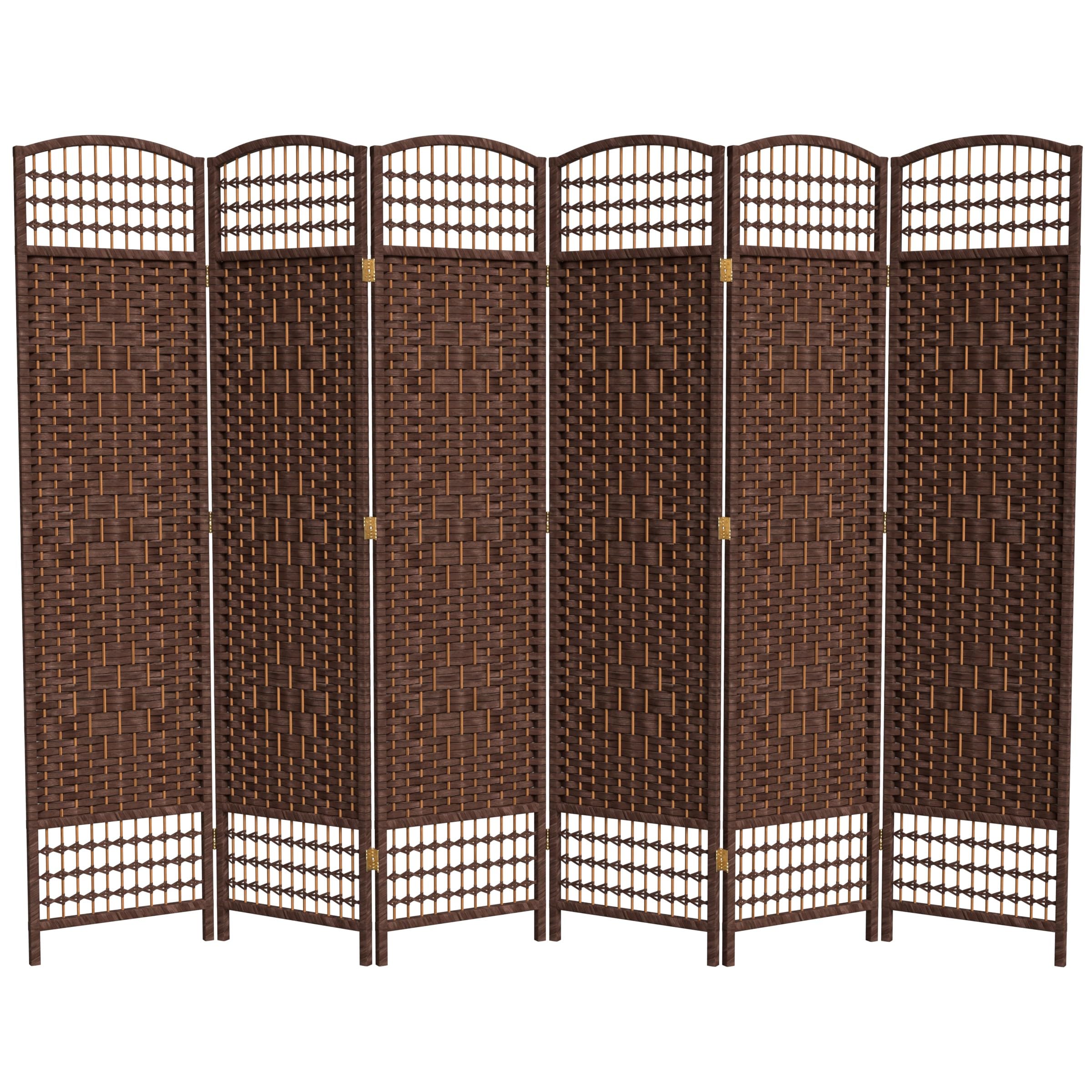 5.5 ft Tall Red Lantern Fiber Weave Dark Mocha 6-Panel Room Divider - Handmade Asian Style Privacy Screen for Living Room, Bedroom & Office