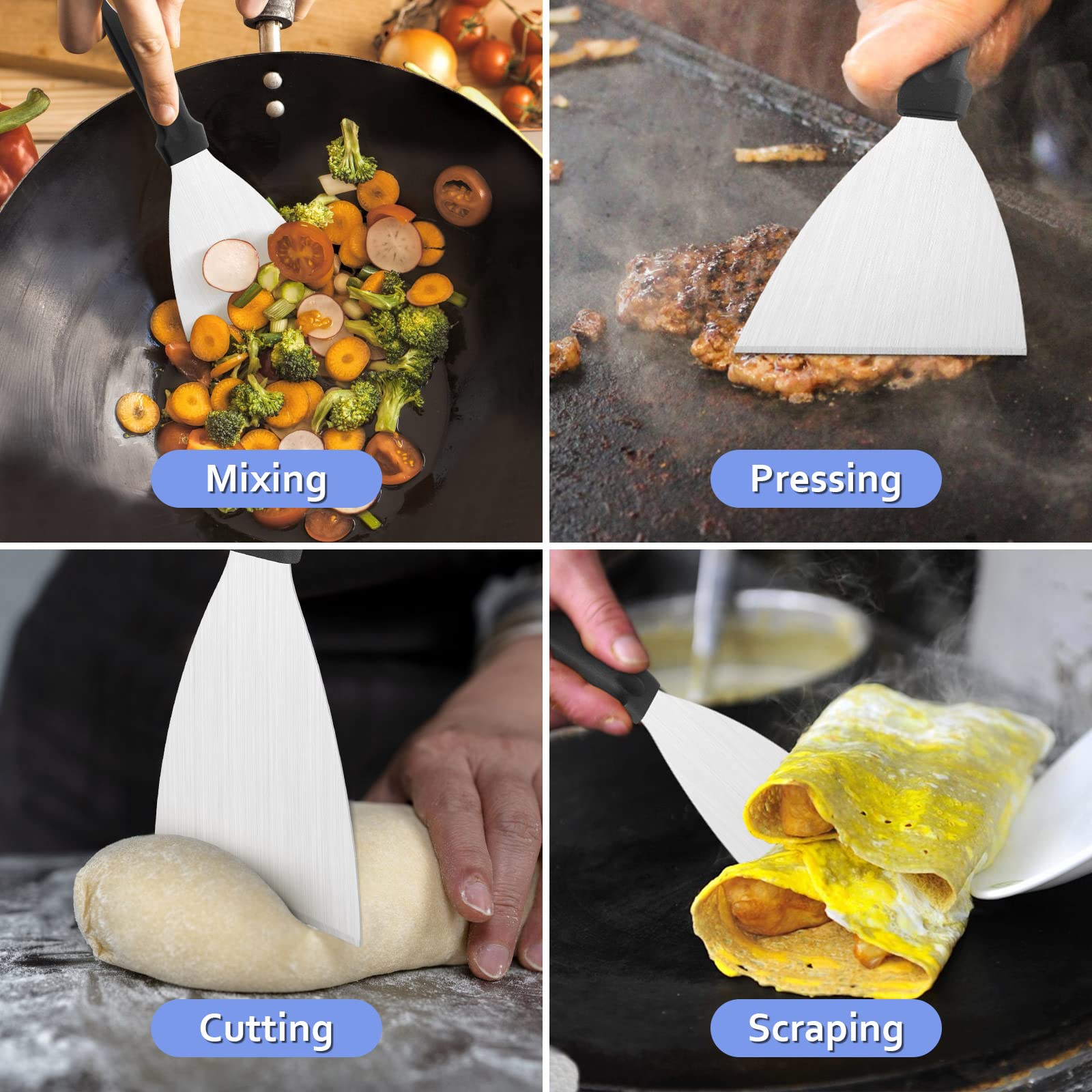 3Pcs Stainless Steel Grill Griddle Scraper Set - Heavy Duty Metal Flat Top Grill Cleaner for Cast Iron, Teppanyaki & BBQ - Dishwasher Safe - Perfect for Outdoor Cooking, Camping & Backyard Parties