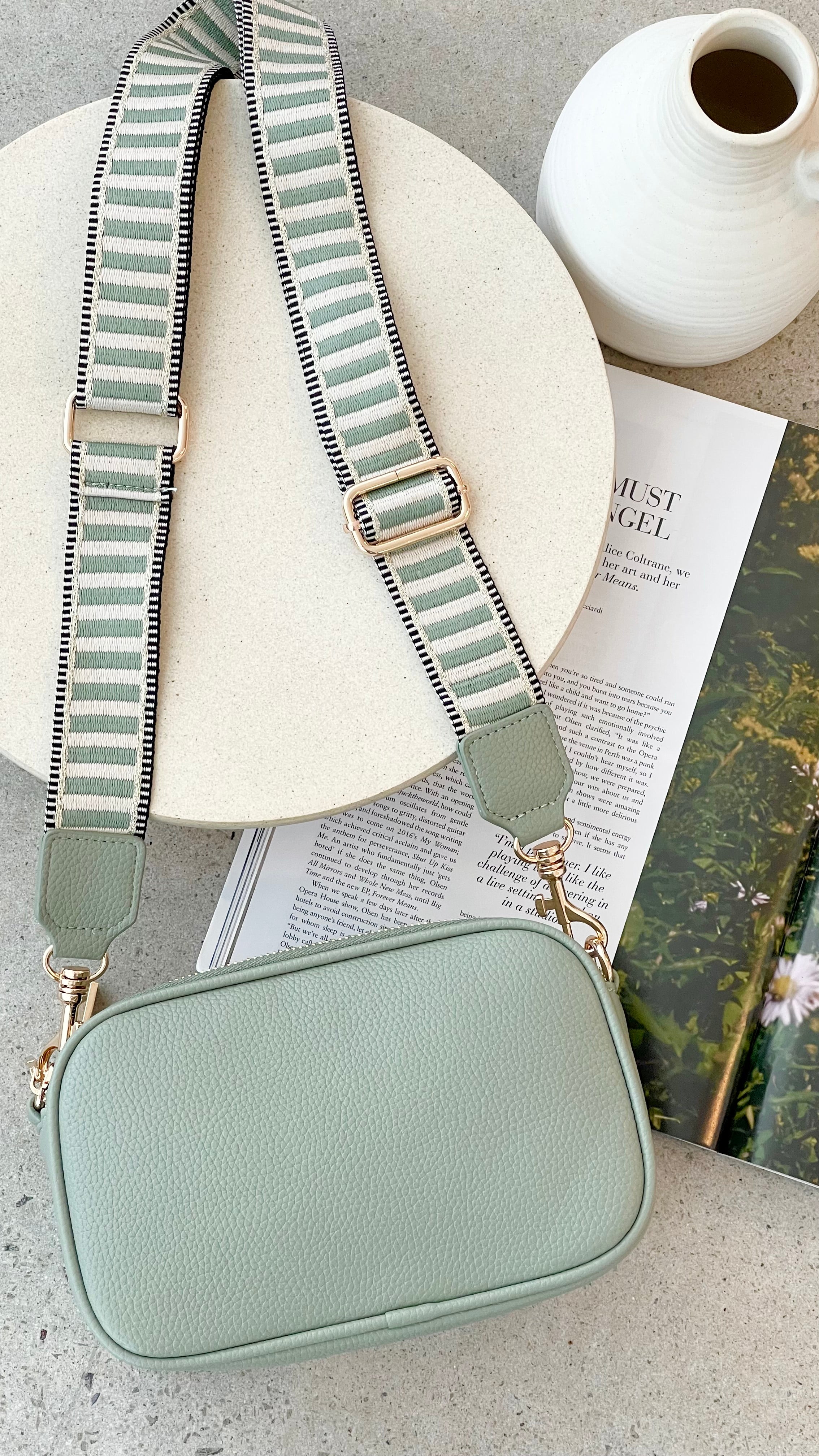 Bella Striped Webbing Camera Bag - Waterproof DSLR/SLR Shoulder Bag for Travel & Photography (Sage Green) - Perfect for Hiking, Street Photography & Daily Commute