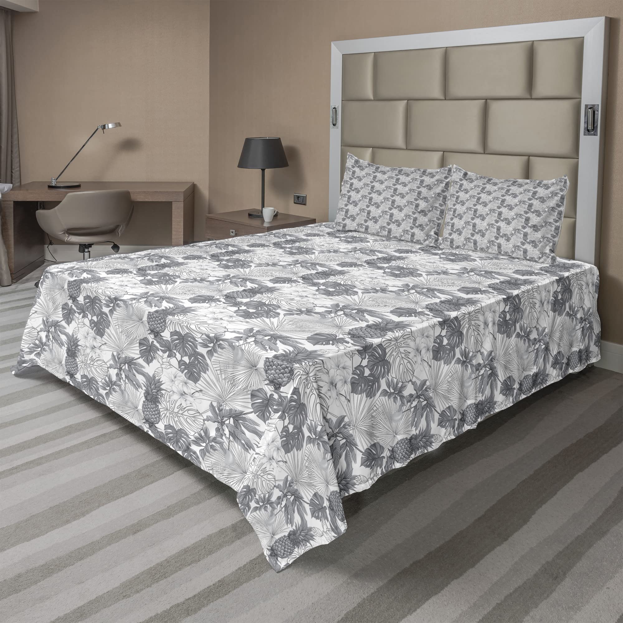 Ambesonne Tropical Sheet Set - Exotic Palm Leaves Hawaiian Greyscale Bedding 4-Piece Set (King Size, Dimmable White) | Soft & Breathable for Summer Nights, Beach House Decor, Luxury Hotel-Style Bedroom Upgrade