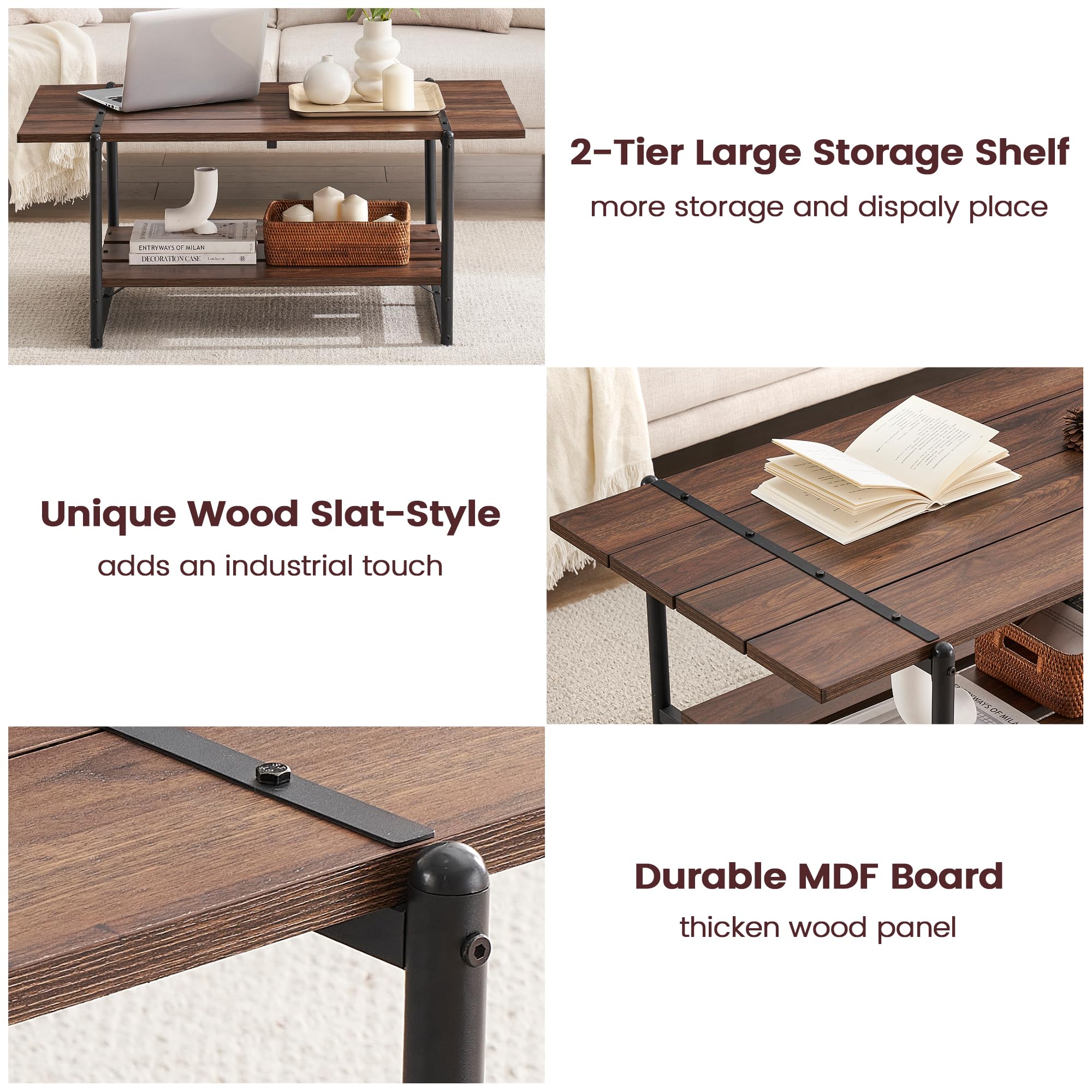 2-Tier Farmhouse 41'' Large Gray Wood Coffee Table with Storage Shelf - Modern Rustic Metal Rectangle Center Table for Living Room, Home Office - Easy Assembly (Walnut Brown) - Perfect for Small Spaces, Family Gatherings & Cozy Home Decor