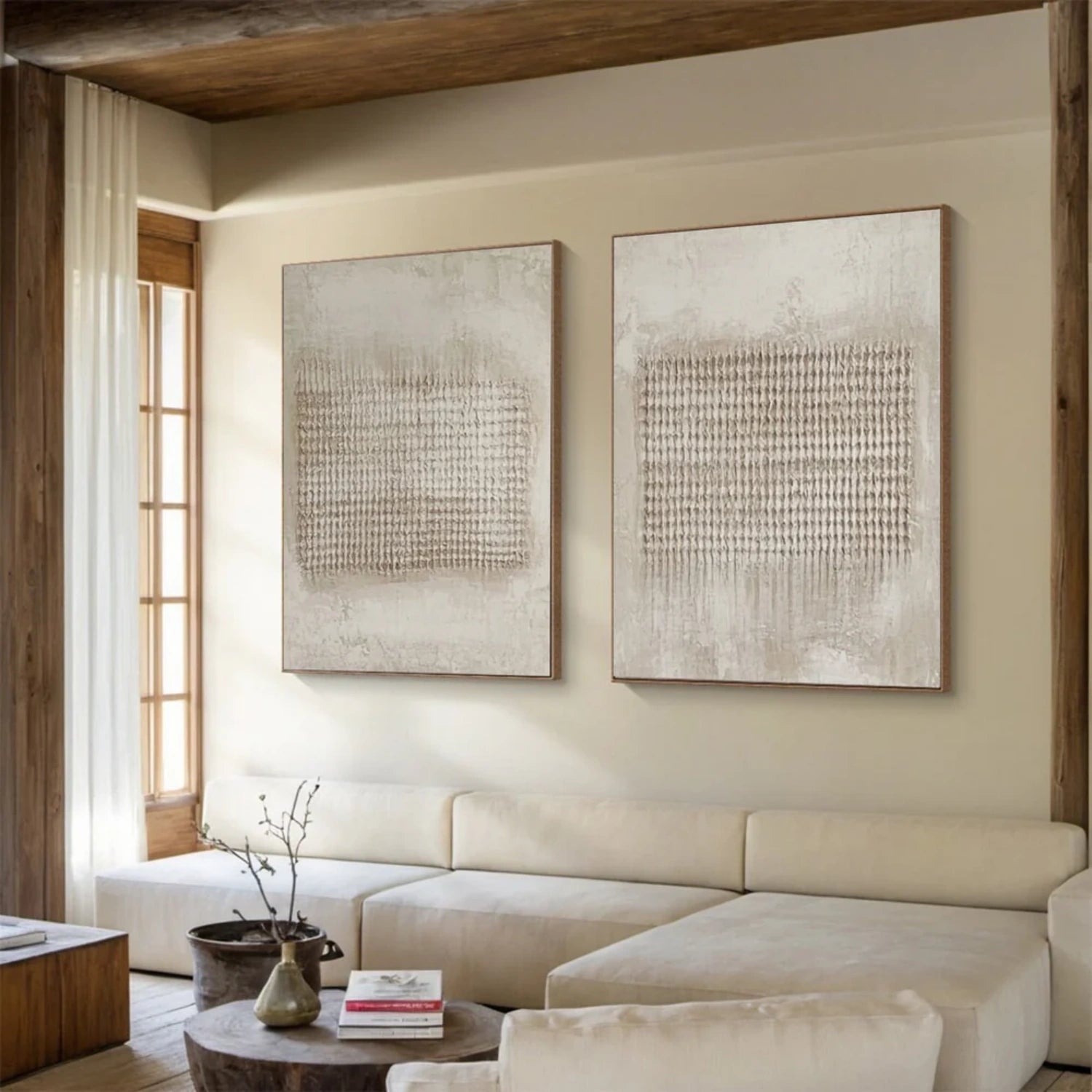 Abstract Beige and Brown Wall Art Set of 2 - Modern Canvas Paintings for Living Room, Bedroom & Office Decor #BB155