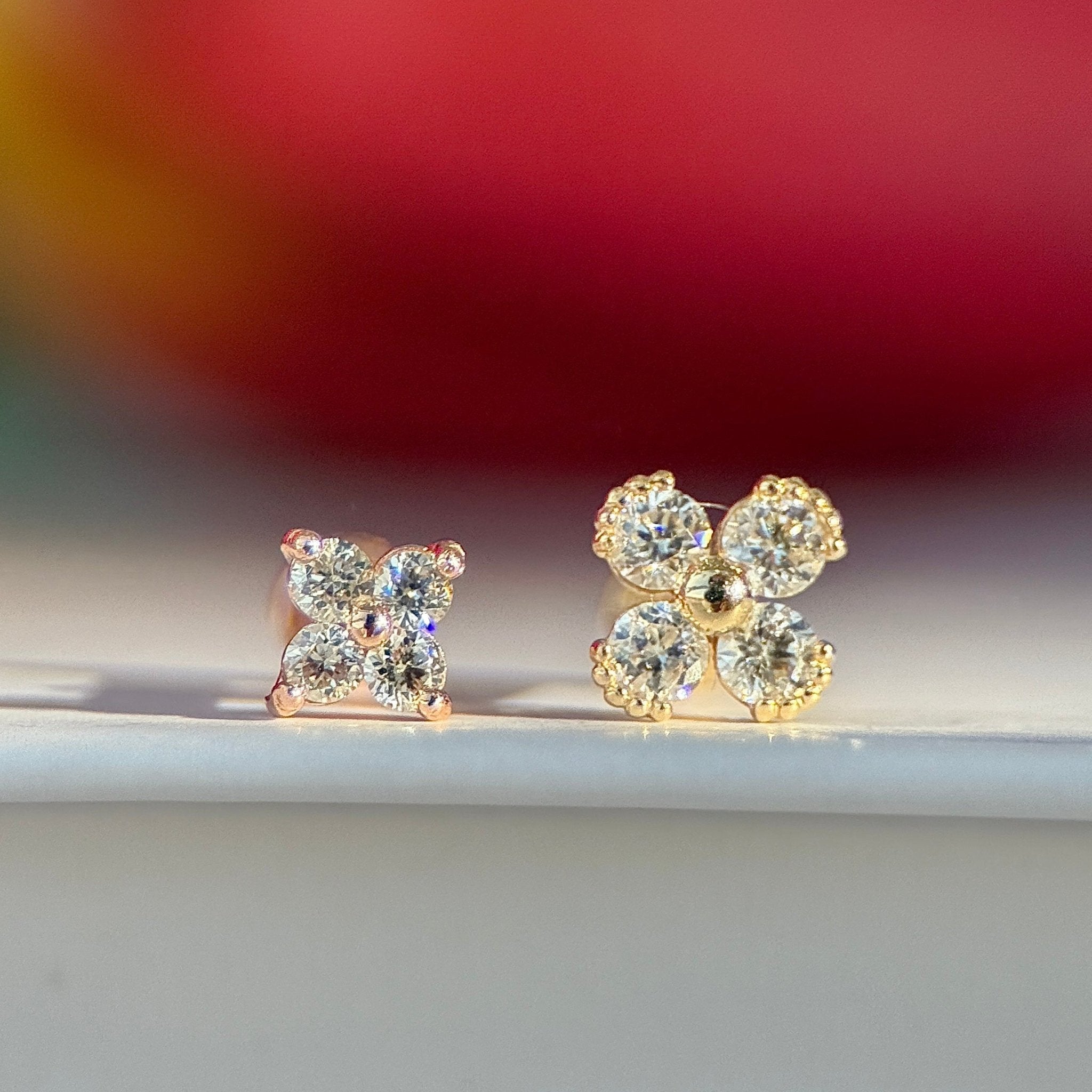 14K Rose Gold Diamond Four Petal Flower Stud Earrings - Dainty Floral Jewelry for Women, Perfect for Weddings, Date Nights & Everyday Elegance