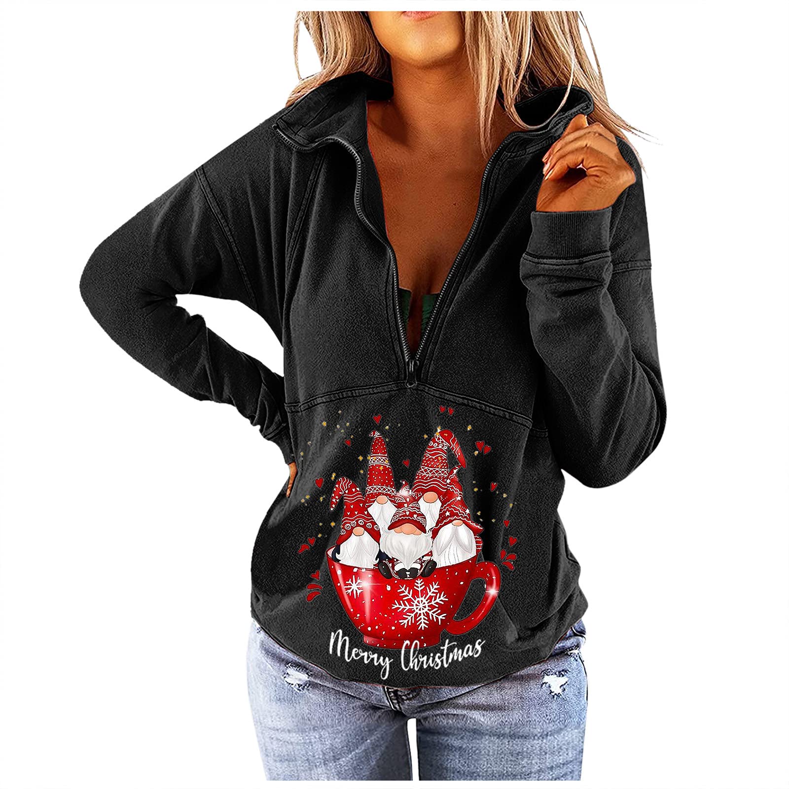 Women's Casual Christmas Zipper Print Pullover Sweater - Cozy Fleece Hoodie & Sweatshirt for Holiday Outfits, Winter Layering and Gift Giving