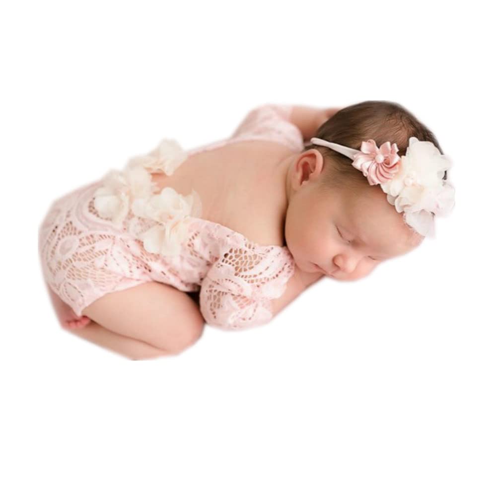 Vemonllas Newborn Baby Girl Floral Headband & Open Back Romper Set - Photography Props for Newborn Photo Shoots, Baby Shower Gifts, and First Birthday Outfits