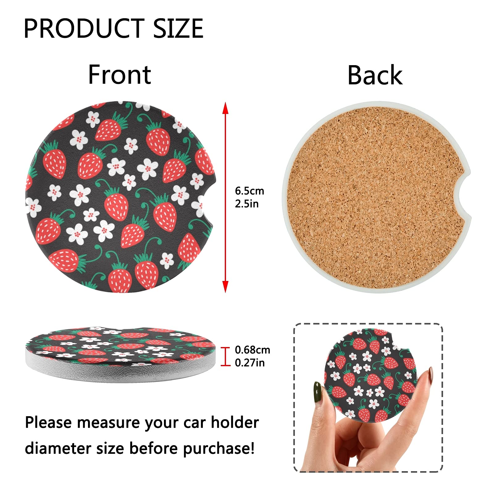 2-Pack Absorbent Ceramic Stone Car Coasters with Fingertip Grip - Strawberry & Daisy Design for Car Cup Holders | Perfect for Drinks, Spill Protection & Vehicle Decor
