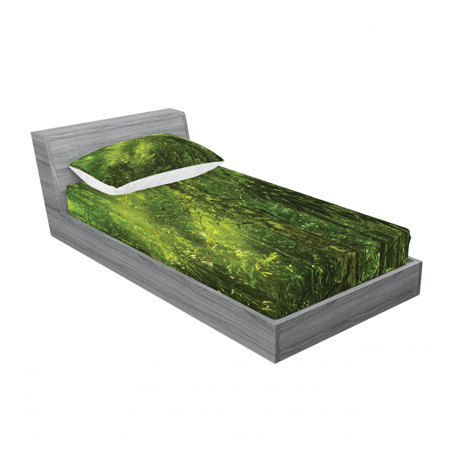 Ambesonne 2-Pack Twin Fitted Sheets & Pillow Sham Set - Tropical Sunbeam Forest Green 4-Piece Bedding Set | Includes 2 Fitted Sheets & 2 Pillow Covers | Perfect for Kids Rooms, Guest Beds & Vacation Homes