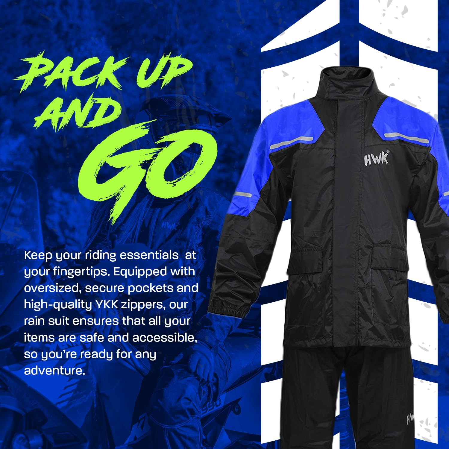 HWK Motorcycle Rain Suit for Men & Women - Waterproof 2-Piece Riding Gear with Reflective Jacket & Pants | All-Season Weather Protection for Commuting, Touring & Adventure Riding | Blue, X-Large