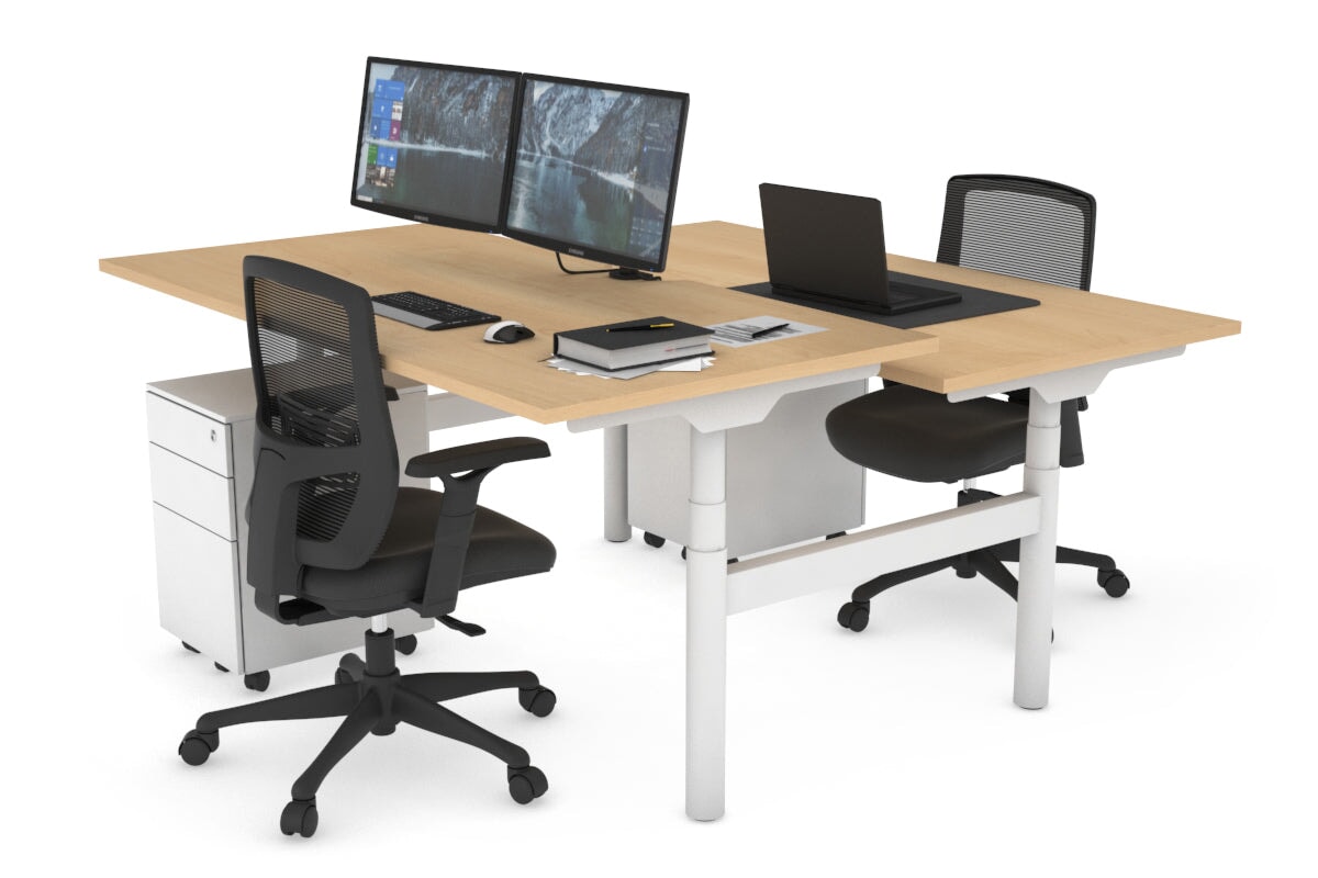 Flexi Premium Height Adjustable 2-Person H Bench Workstation - White Frame (1600L x 800W) with Cable Management | Ergonomic Office Desk for Home & Workspace
