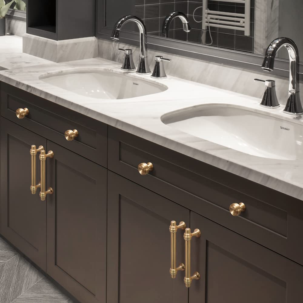 6 Pack Brushed Brass Cabinet Knobs - Single Hole Modern Cabinet Pulls for Kitchen, Bathroom & Bedroom - Elegant Dresser Drawer Handles & Furniture Hardware (Perfect for Home Renovation & DIY Projects)