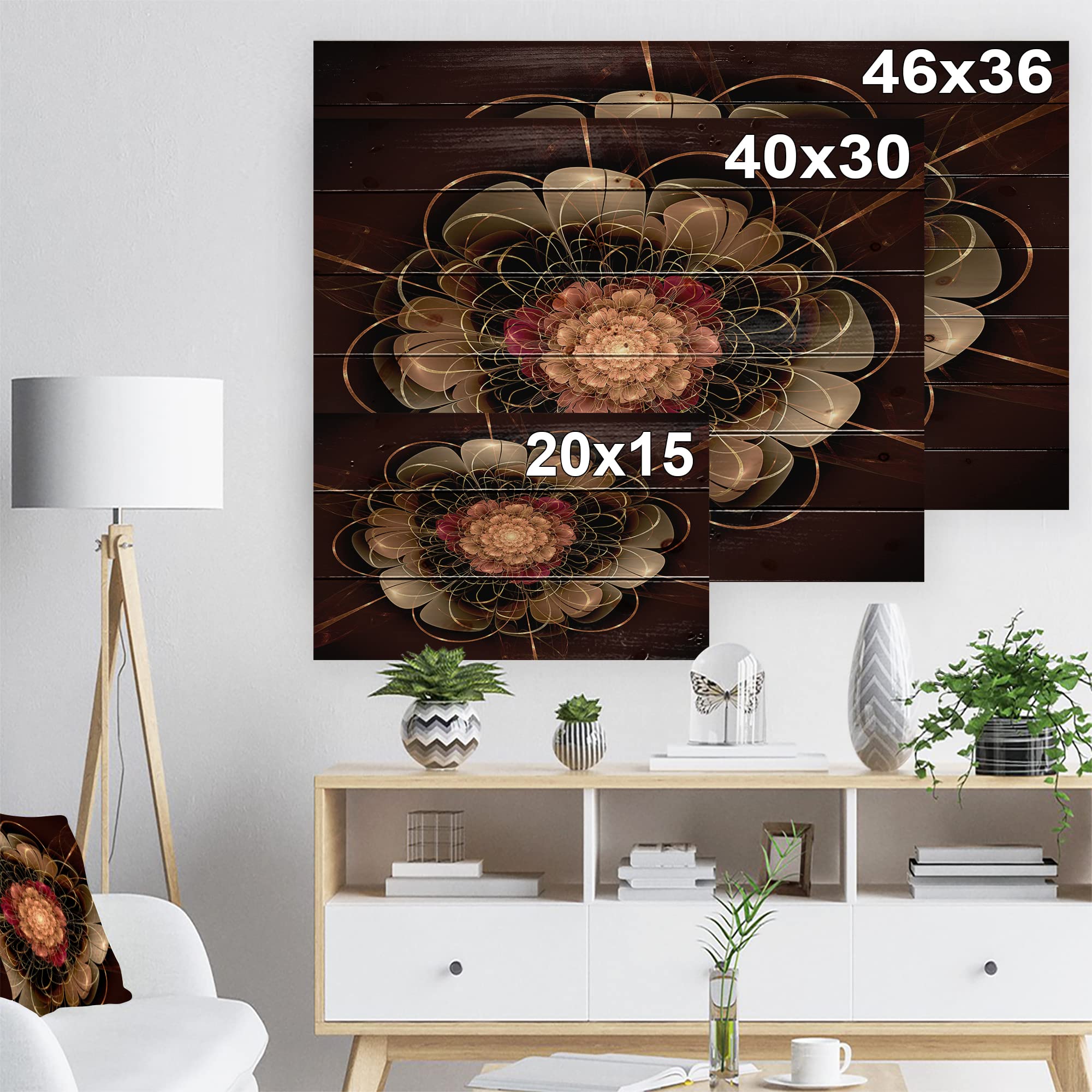 Dark Gold Red Fractal Flower Wood Wall Art - Coastal Nautical Decor - Large Floral Printed Pine Wood Panels for Living Room, Bedroom & Office Wall Decor