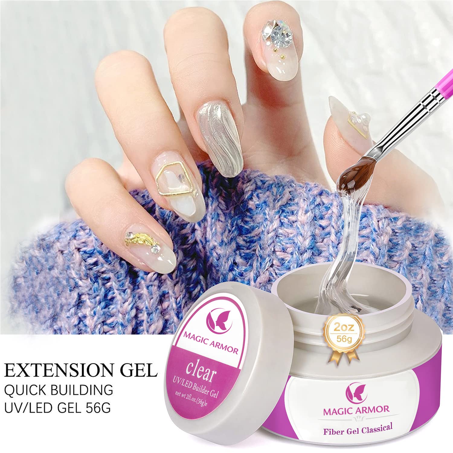 Builder Nail Gels - 56g Clear Nail Strengthening Gel for Professional Manicures | Nail Art Kit with Gel Polish, Nail Forms & Brush | Perfect for Salon, Home DIY & Nail Extensions