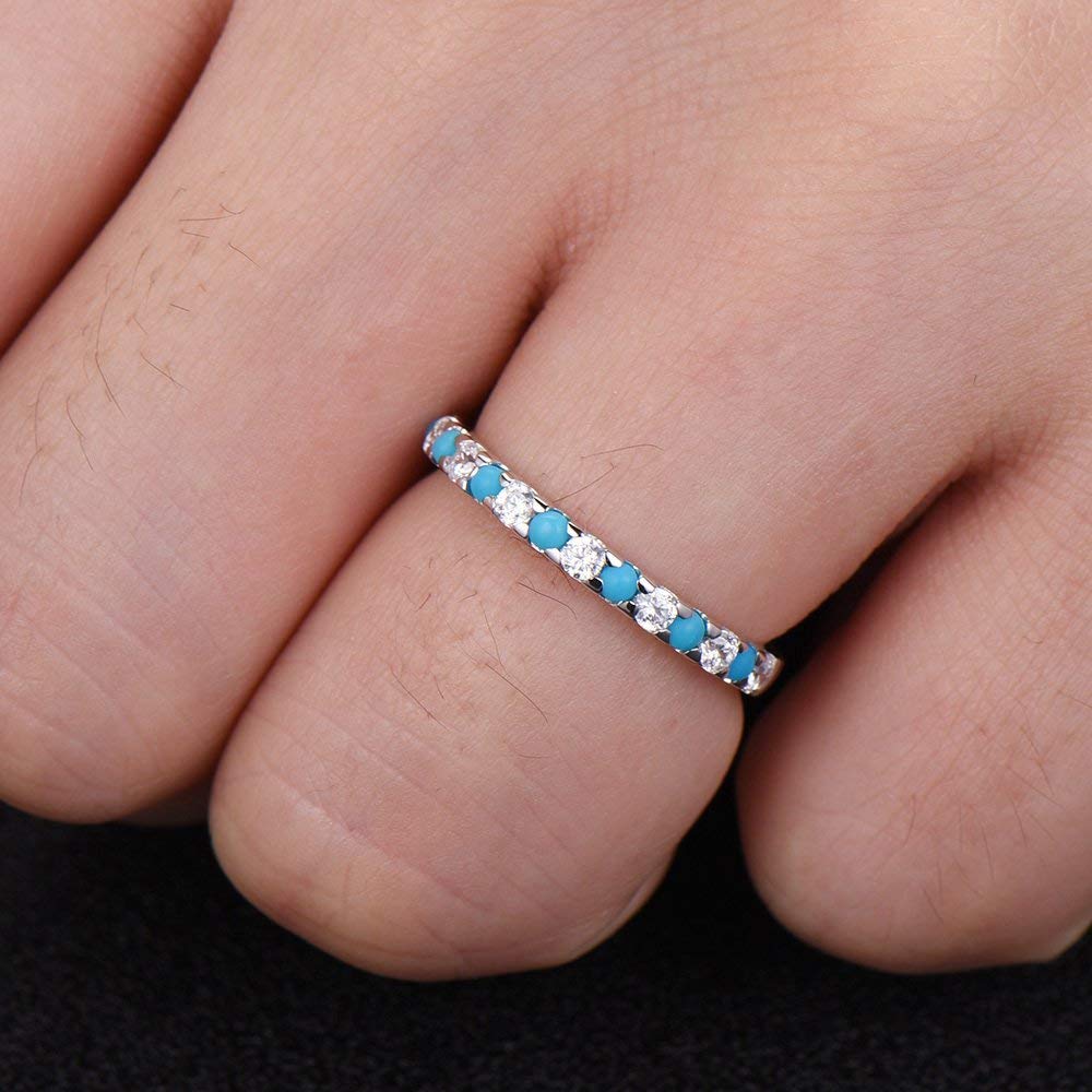 Turquoise Half Eternity Wedding Band - Sterling Silver CZ Diamond Anniversary Ring (White Gold Plated) - Perfect for Bridal Jewelry, Engagement Gift & Matching Wedding Sets
