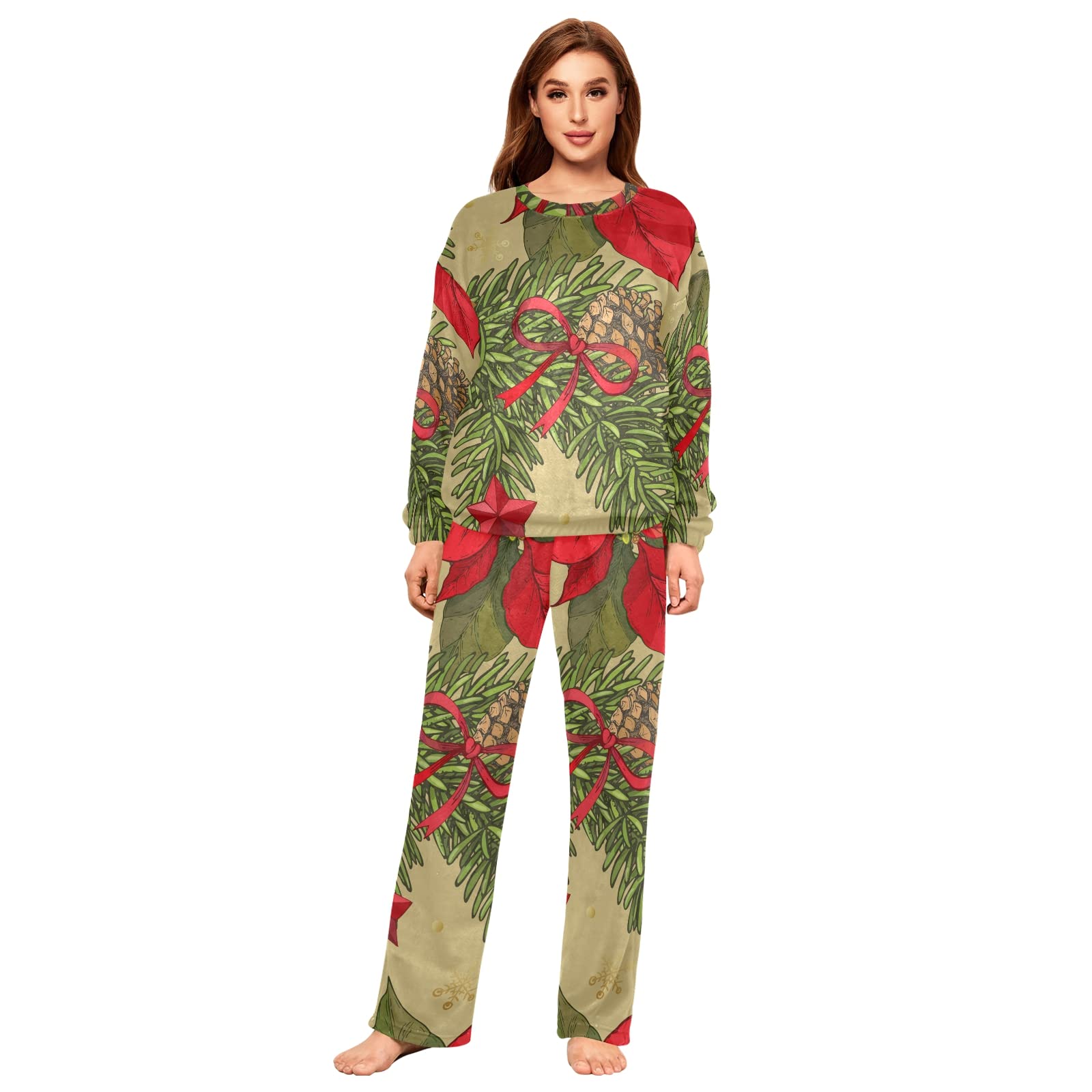 Christmas Women's Pajama Set - Holly Poinsettia Print Sleepwear for Holiday Parties