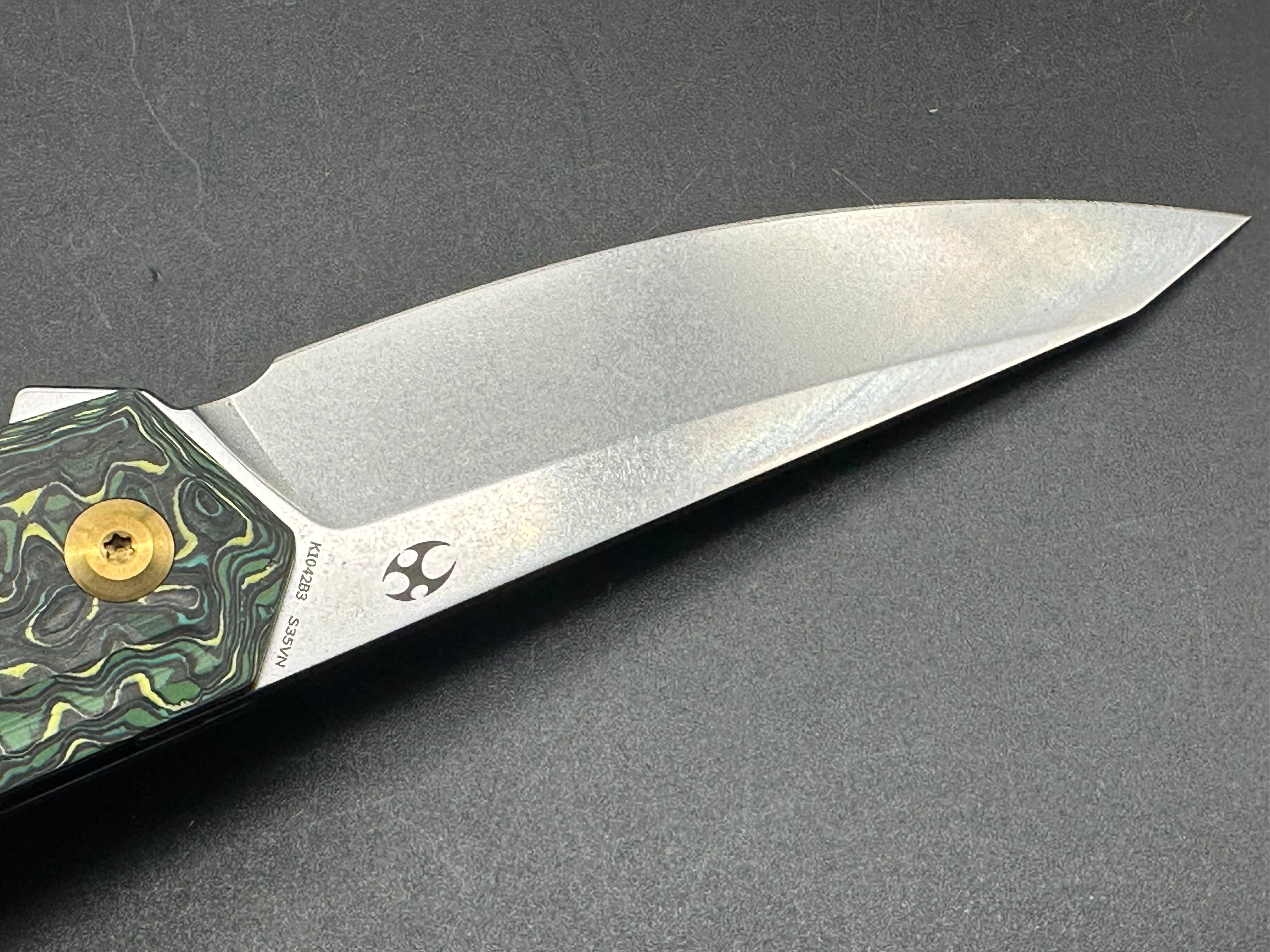 KANSEPT INTEGRA Folding Pocket Knife - Green/Yellow Carbon Fiber Handle, S35VN Steel Plain Edge, Black Stonewash Finish (K1042B3) | EDC, Outdoor Camping, Survival & Everyday Carry Knife
