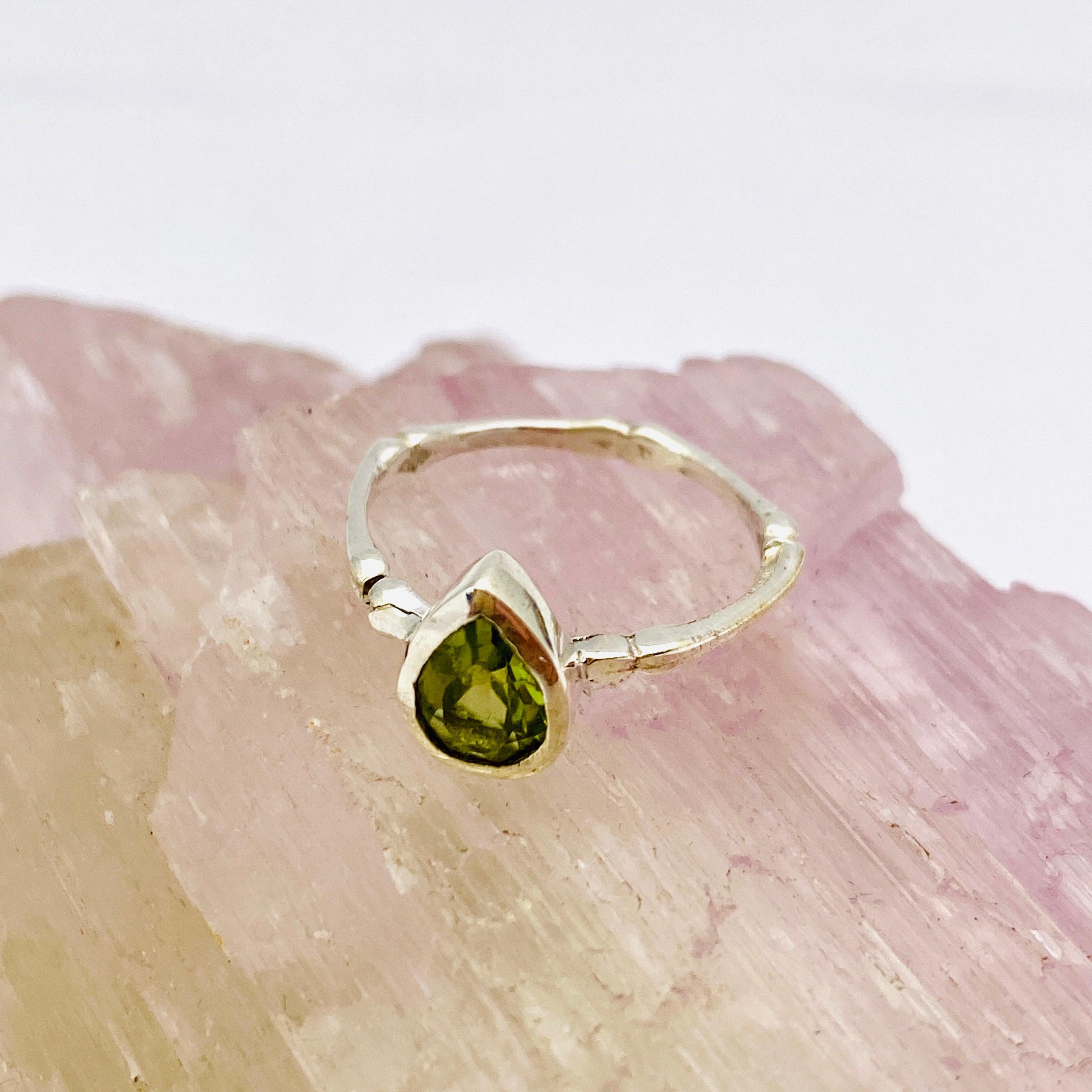Peridot Faceted Teardrop Fine Band Ring - 925 Sterling Silver Dainty Jewelry for Women - Perfect for Weddings, Anniversaries & Everyday Elegance