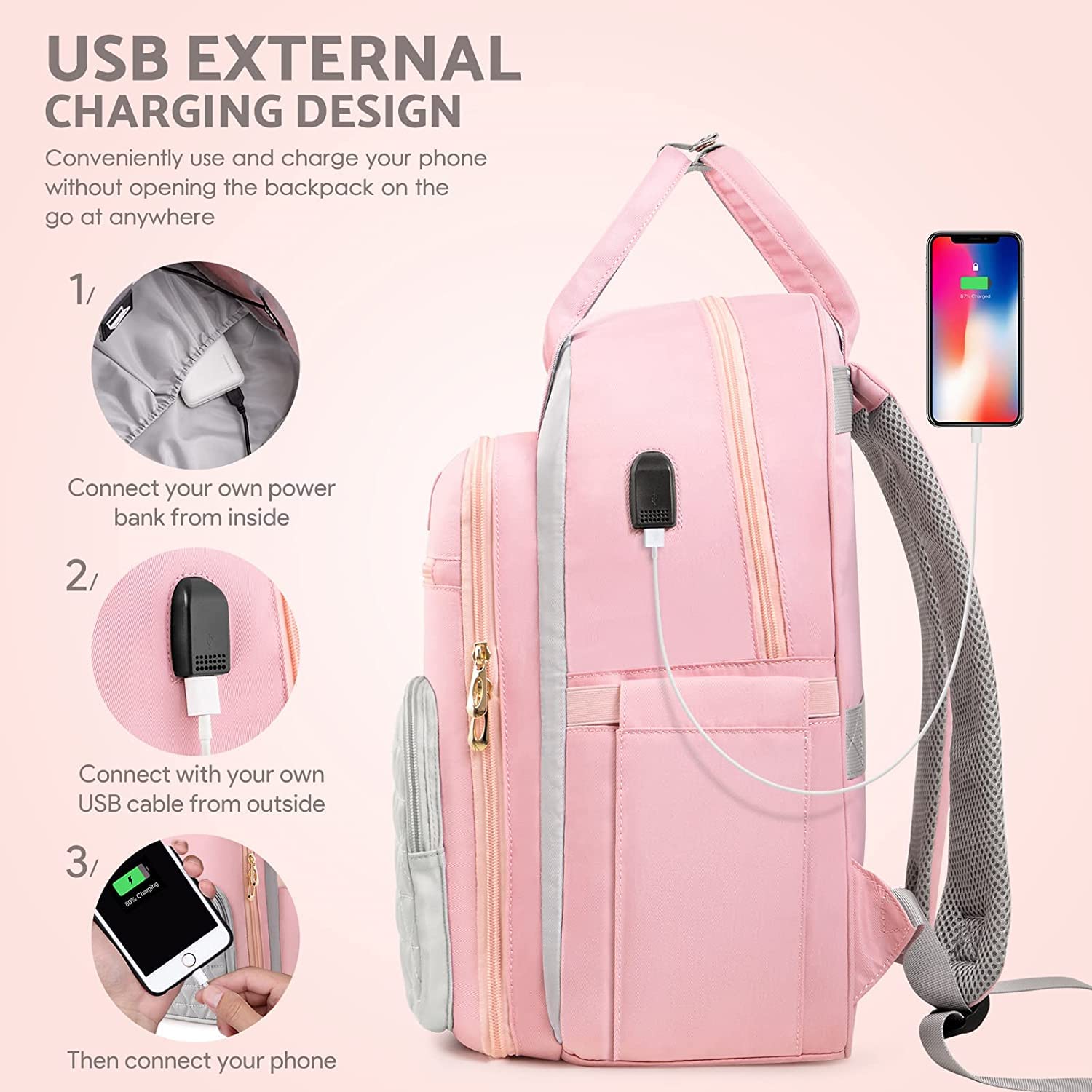ETRONIK 15.6 Inch Laptop Backpack with USB Charging Port & Insulated Lunch Cooler - Waterproof Work Backpack for Women & Men, School Travel Backpack for Nurse, Teacher, Office Professionals (Pink) - Perfect for Commuting, Business Trips & College Campus Use