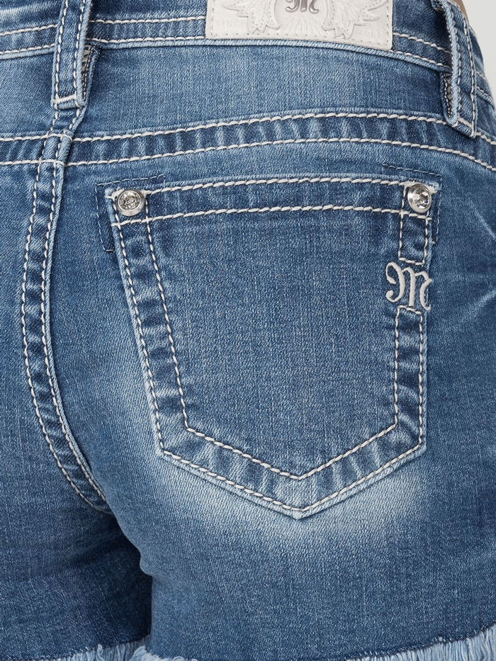 Miss Me M9276H Women's Mid Rise Latticework Embroidered Denim Shorts in Blue - Perfect for Summer Outfits, Casual Wear & Beach Vacations